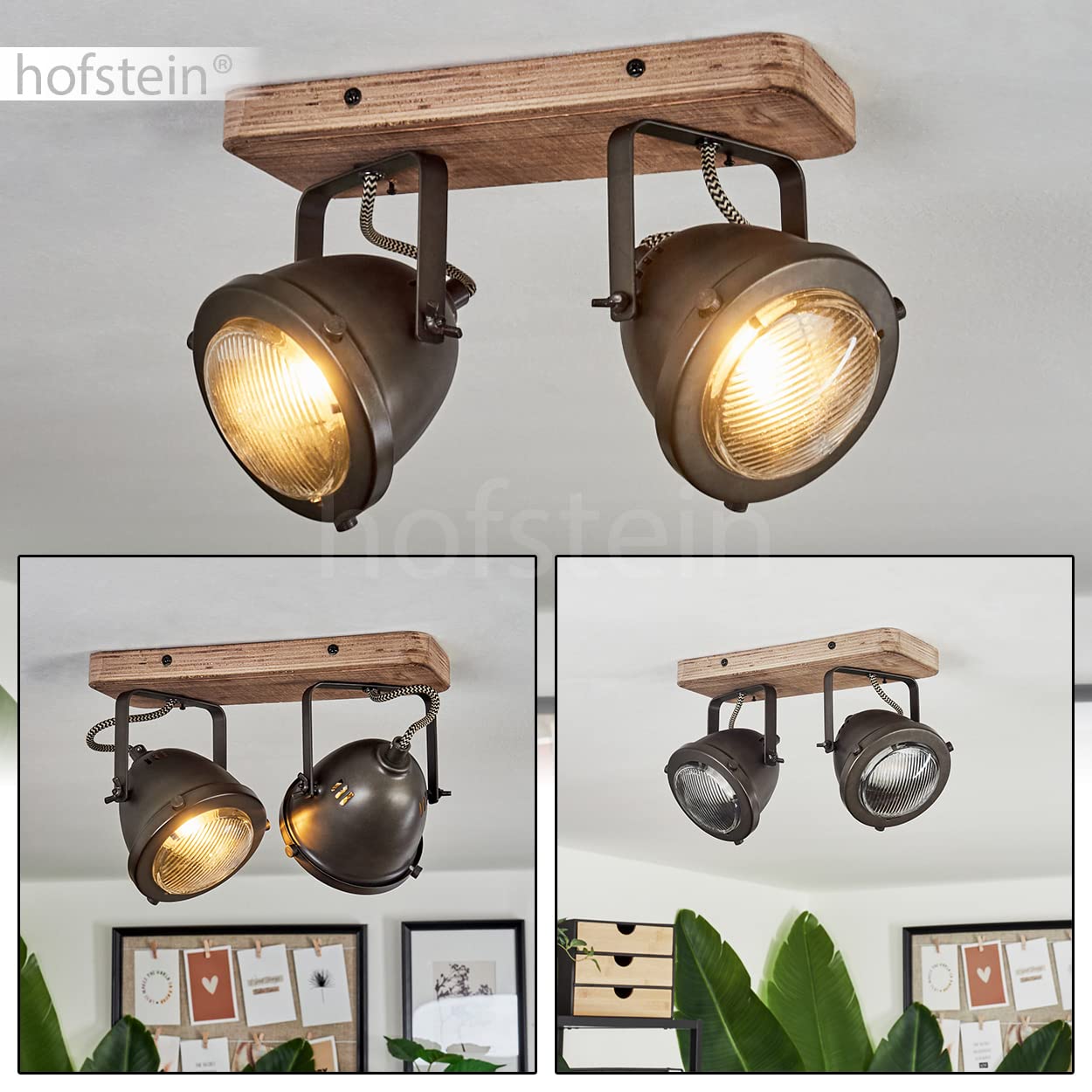 Lampada da soffitto Glostrup, lampada da soffitto dimmerabile in metallo/legno in marrone, 2 luci, paralume ruotabile e inclinabile, 2 x GU10, faretto da parete dal design retrò, senza lampadina/e