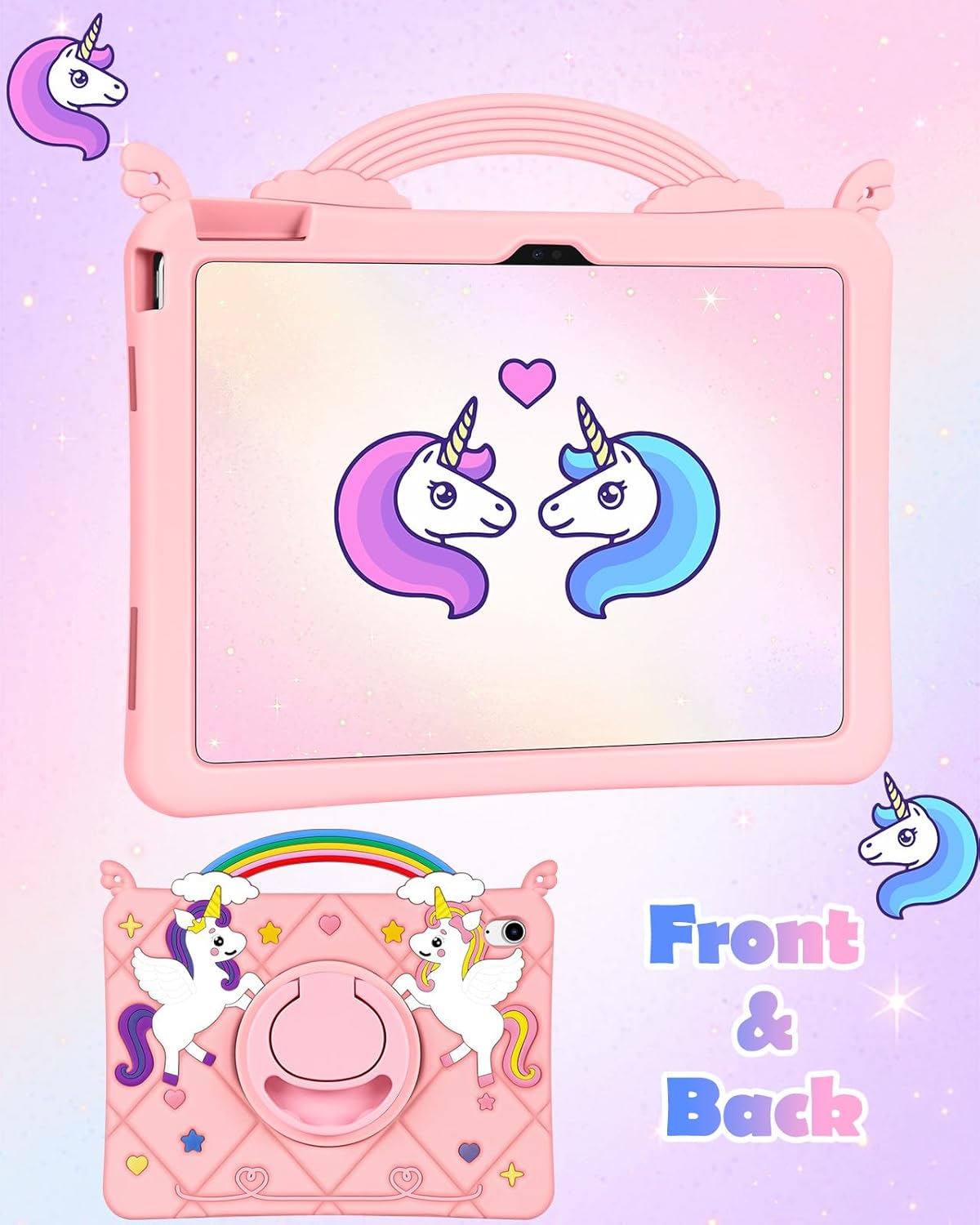 Uppuppy for iPad A16 Case/10th Generation Case - Girls Teens Cute Cartoon 10.9 Inch 2022 Tablet Cover with Rotating Stand Handle & Strap Soft Silicone 3D PK Unicorn Funda for iPad 11th 11 Inch 2025