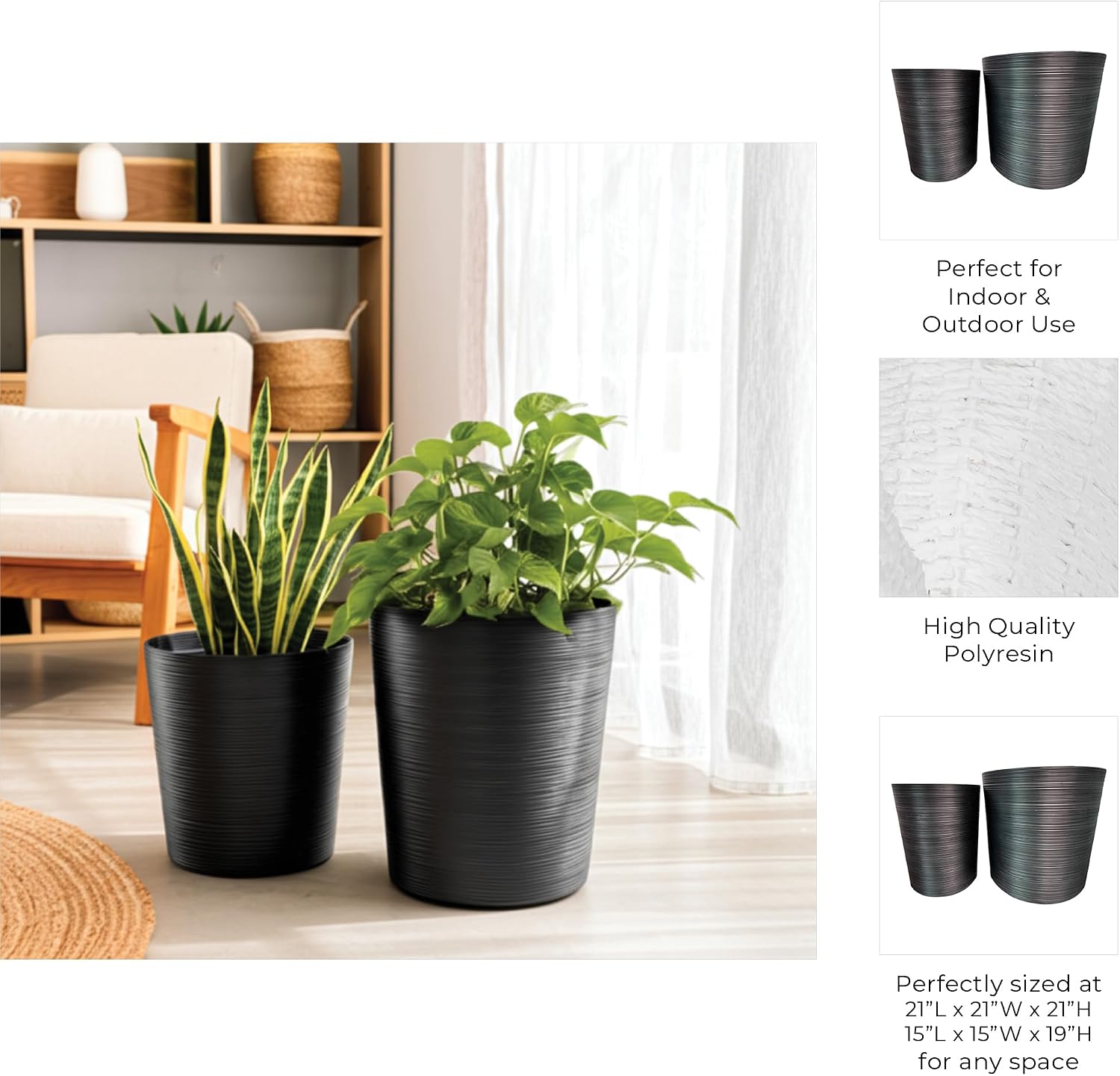 Flower Pots and Planters for Home Decor – Tall Resin Plant Pots for Indoor and Outdoor Plant Stands – Ideal for Garden and Patio Decor – Elevated Style for Your Favorite Greeneries – 21", 19" Black