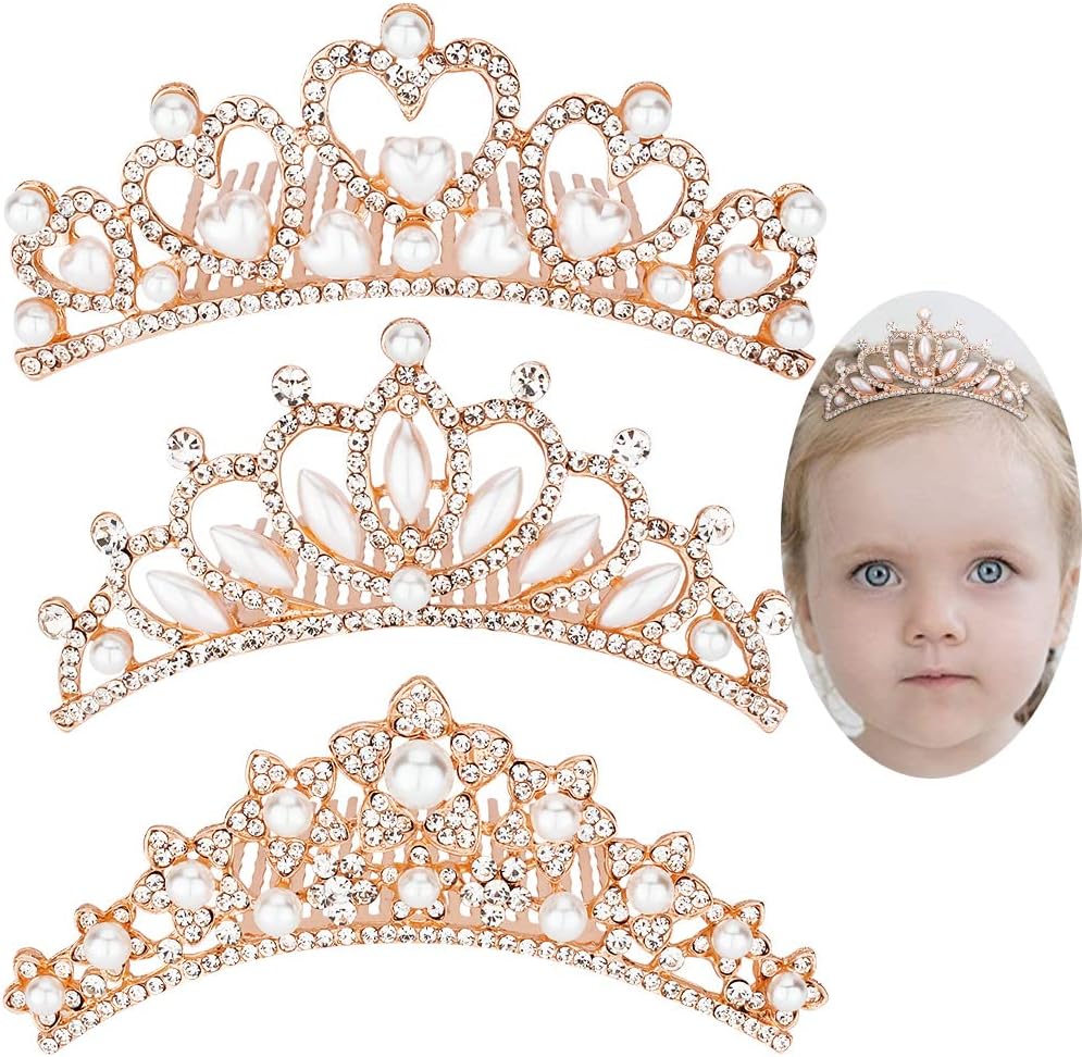 ANBALA Small Tiara Crown with Hair Comb, 3 Pack Mini Tiara Crown Princess Crystal Shiny Hair Accessories for 2 3 4 5 6 7 8 9 Years Girls Hair Dectoration Styling Cute Hair Accessories (Rose Gold)