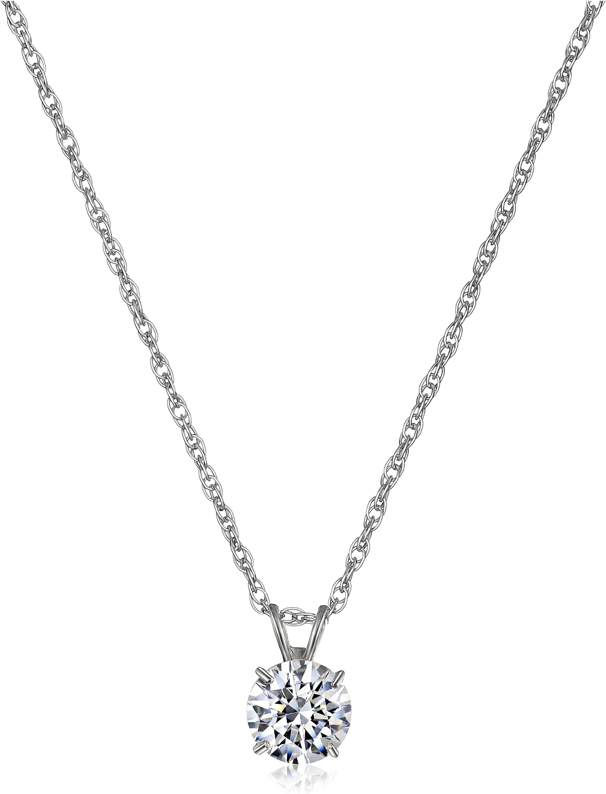 JeweliliJewelili 10K Yellow or White Gold 6.5MM (1 Cttw) or 8.0MM (2.0 Cttw) Round Cut Cubic Zirconia Solitaire Pendant Necklace 18” Rope Chain