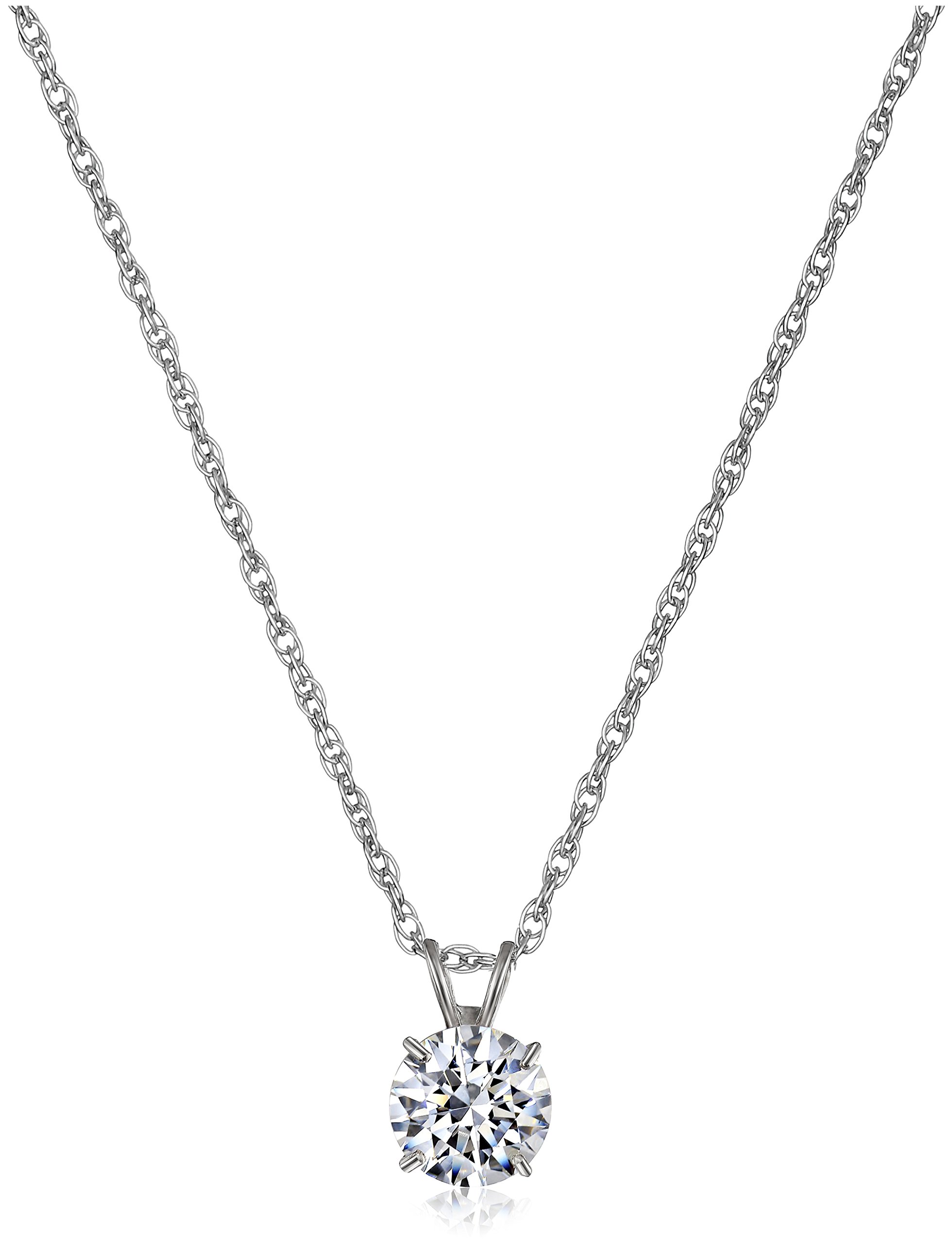 JeweliliJewelili 10K Yellow or White Gold 6.5MM (1 Cttw) or 8.0MM (2.0 Cttw) Round Cut Cubic Zirconia Solitaire Pendant Necklace 18” Rope Chain