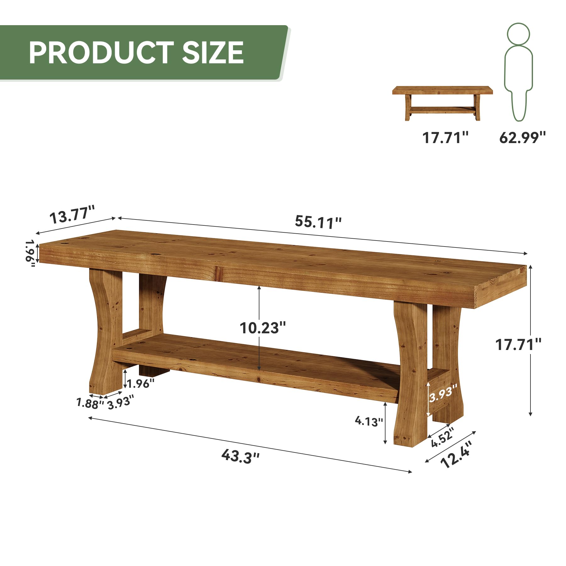 Solid Wood Entryway Bench, 55" End of Bed Bench, Long Indoor Dining Seat for Hallway, Bedroom, Living Room, Dining Room, Easy Assembly, Brown