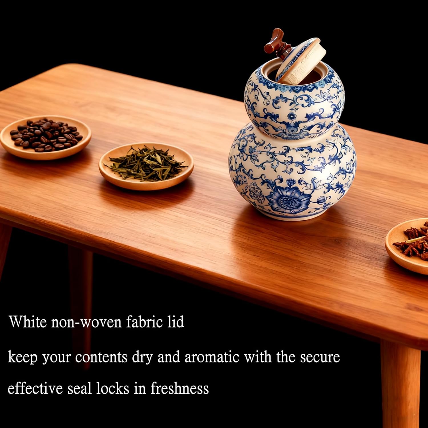 Blue and White Porcelain Airtight Canister with Lid, Floral Ceramic Tea Caddy, 22 oz Blue Willow Gourd Shaped Food Storage Containers for Loose Tea, Coffee Beans, Herb, Spice