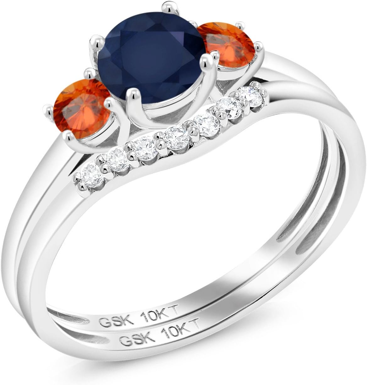 Gem Stone King 10K White Gold Blue Sapphire and Orange Sapphire and Lab Grown Diamond 3-Stone Bridal Engagement Wedding Ring Set For Women (0.93 Cttw, September Birthstone, Round 5MM)