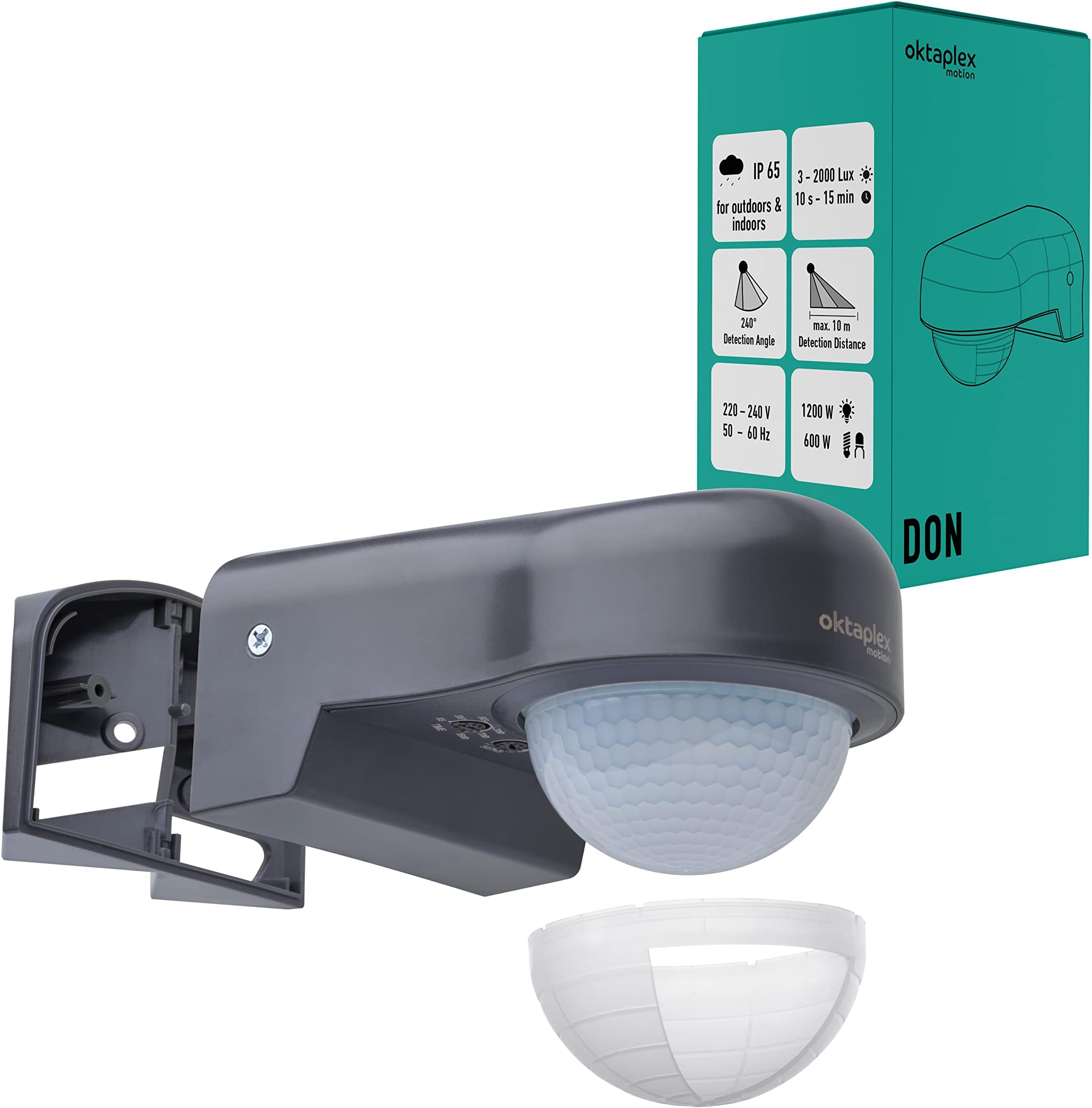 Oktaplex Don Motion Sensor Outdoor 230 V IP65 Adjustable 240° PIR Sensor 10 m Range Anthracite LED Suitable with Corner Bracket