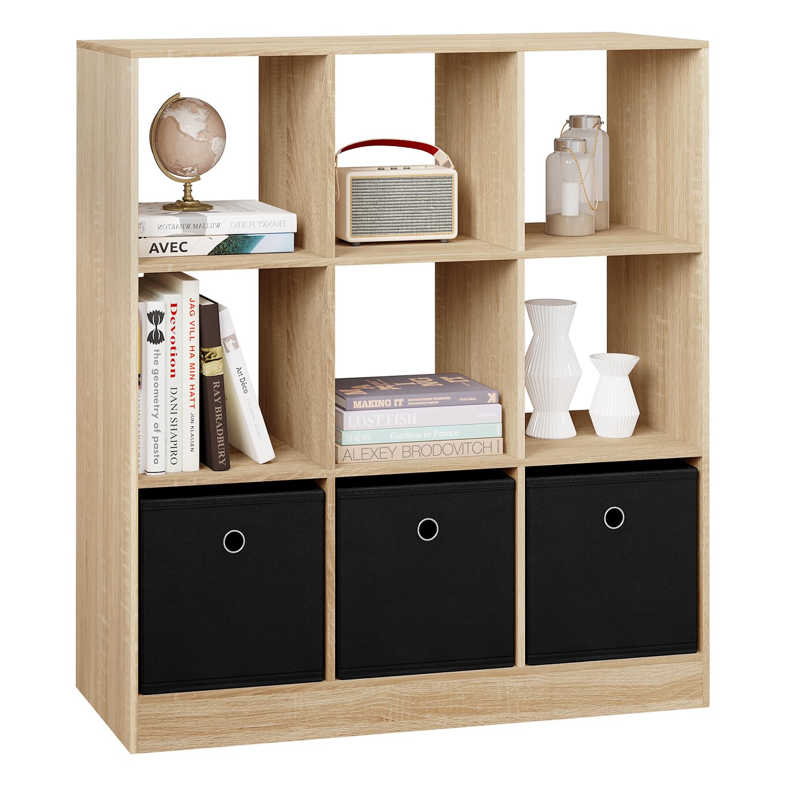 WOLTU Bücherregal Bücherschrank Standregal Würfelregal Aufbewahrungregal Raumteiler Büroregal, mit 9 Fächern 3 Schubladen aus Vliesstoff, für Wohnzimmer Schlafzimmer Büro, helle Eiche, SK041hei
