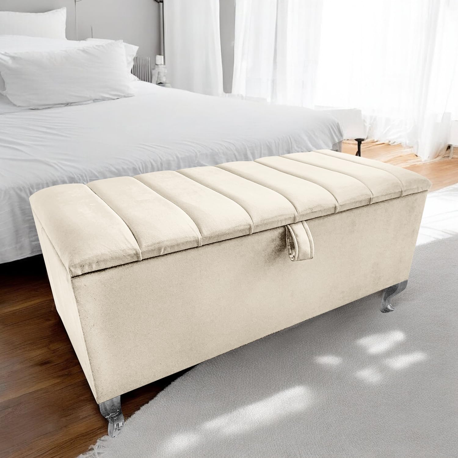 Harveys Living 102cm Panel Velvet Storage Ottoman, Silver Legs, Silver Legs, Cream