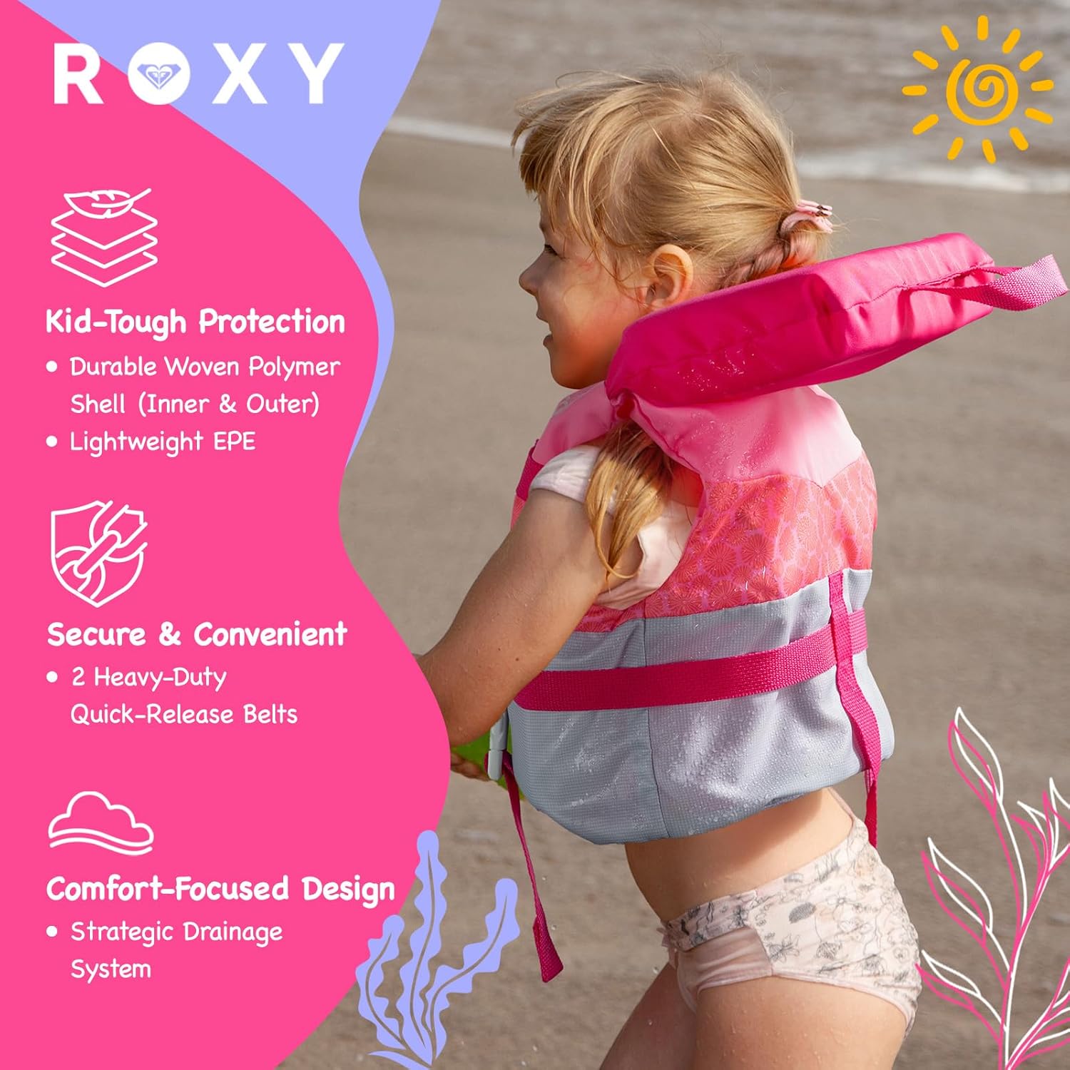 ROXY Life Jacket for Youth/Kids/Toddler, USCG Approved Type III PFD, Light-Weight EPE Foam Life Vest with Quick-Release Buckles, for Boating Paddling Kayaking Fishing Watersports