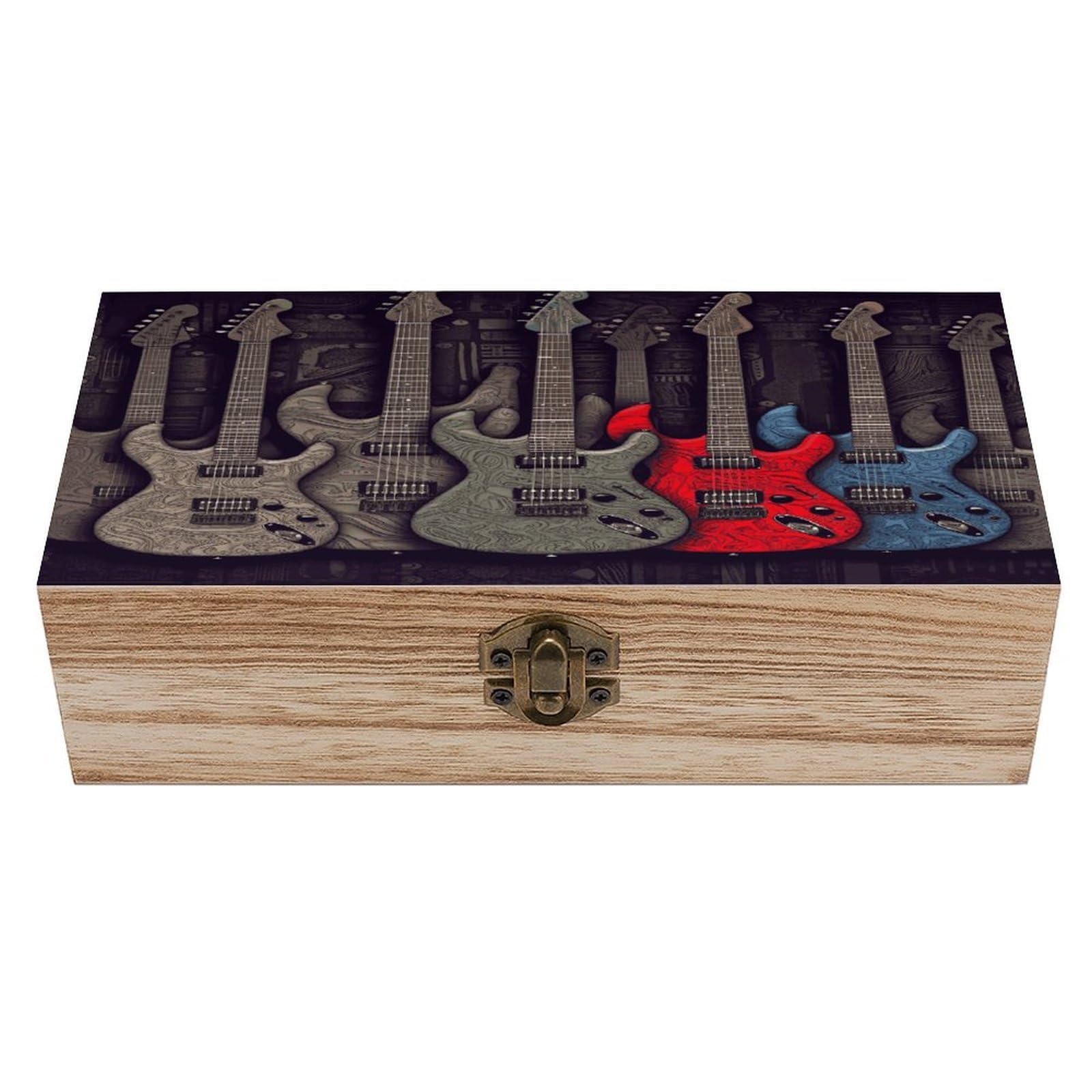 Btcowzrv Style Guitar Pattern Wooden Storage Box, Keepsake Box With Hinged And Retro Lock, Wood Jewelry Organizer For Photos & Mementos And Home Decor