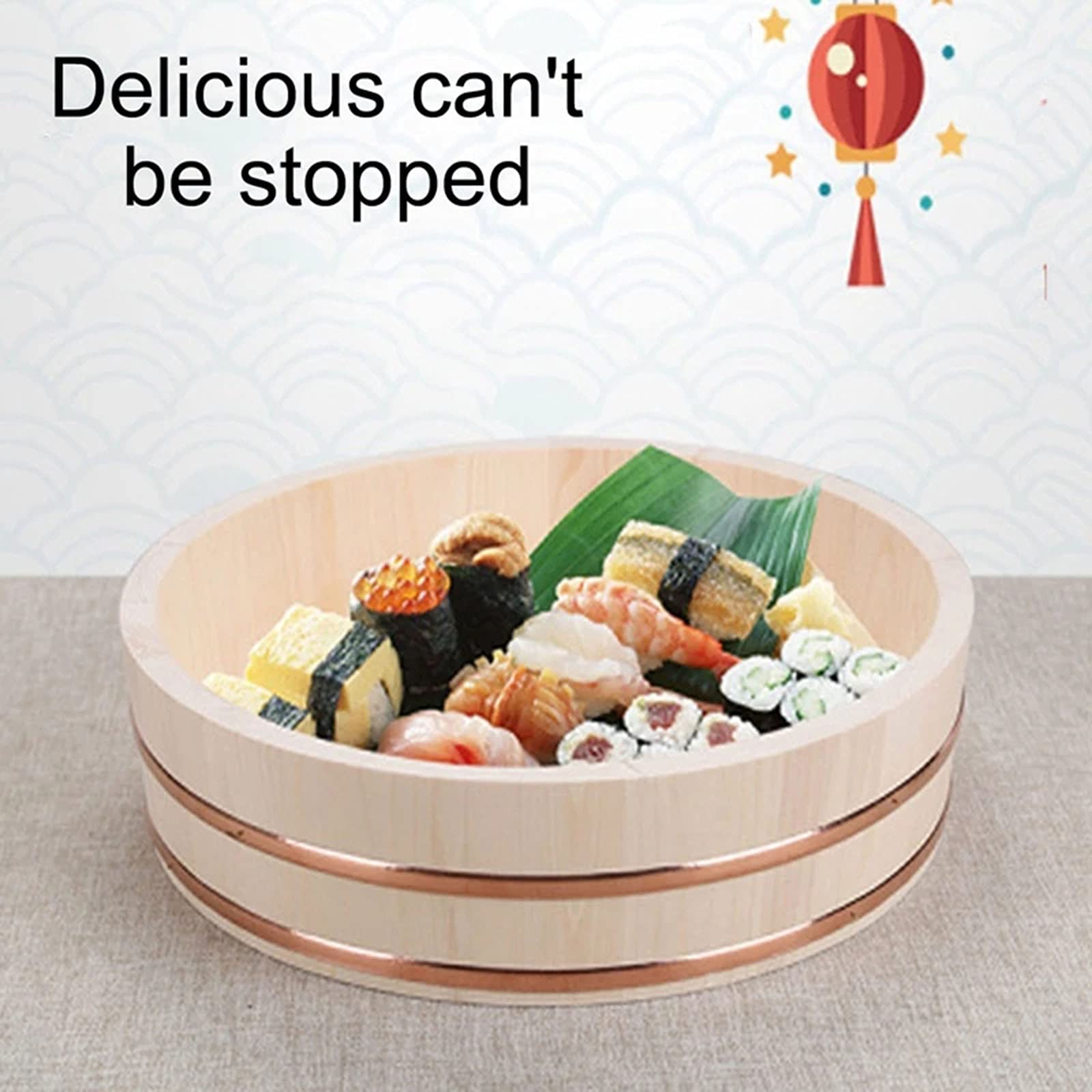 Hangiri Sushi Oke drewniana miska do mieszania ryżu z miedzianą taśmą, 5-częściowy zestaw do robienia sushi, 42 cm, japońskie akcesoria do gotowania sushi