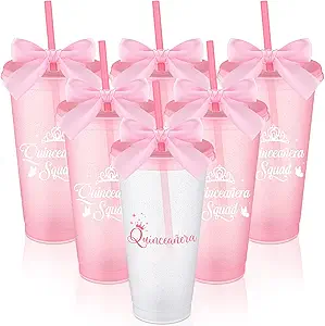 6 Set Quinceanera Party Favors Reusable Cups with Straw and Lid Bow 24 oz Recuerdos Para 15 Anos Quinceañeras Quinceanera Plastic Tumbler Quince Anos Party 15 Birthday Favor(Pink)