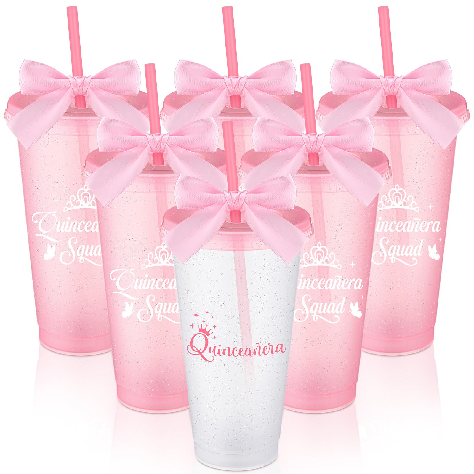 Jingmore 6 Pcs Quinceanera Party Favors for Guests 15th Quinceañera Squad Reusable Tumbler with Straw Lid Twist Bow 24 oz Spanish Gift 15 Birthday Party Thank You Gifts (Pink)