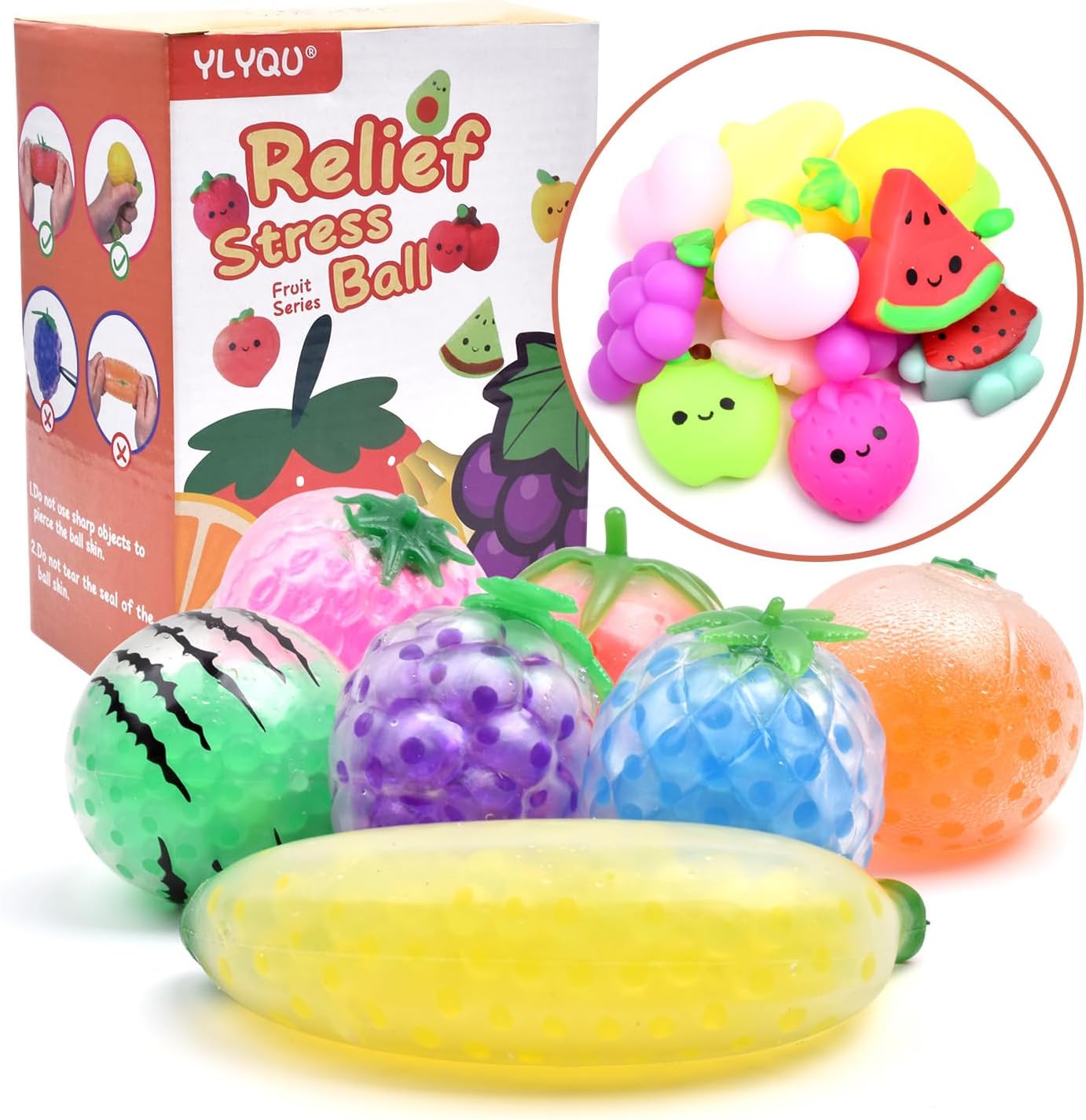Fruit Balls Filled Squeeze Stress Balls Fruit Stress Mini Ball Toy - Promote Stress Relief, Calm Focus - Adults(7 Fruits Stress Ball +12 Random Fruits Mochi)
