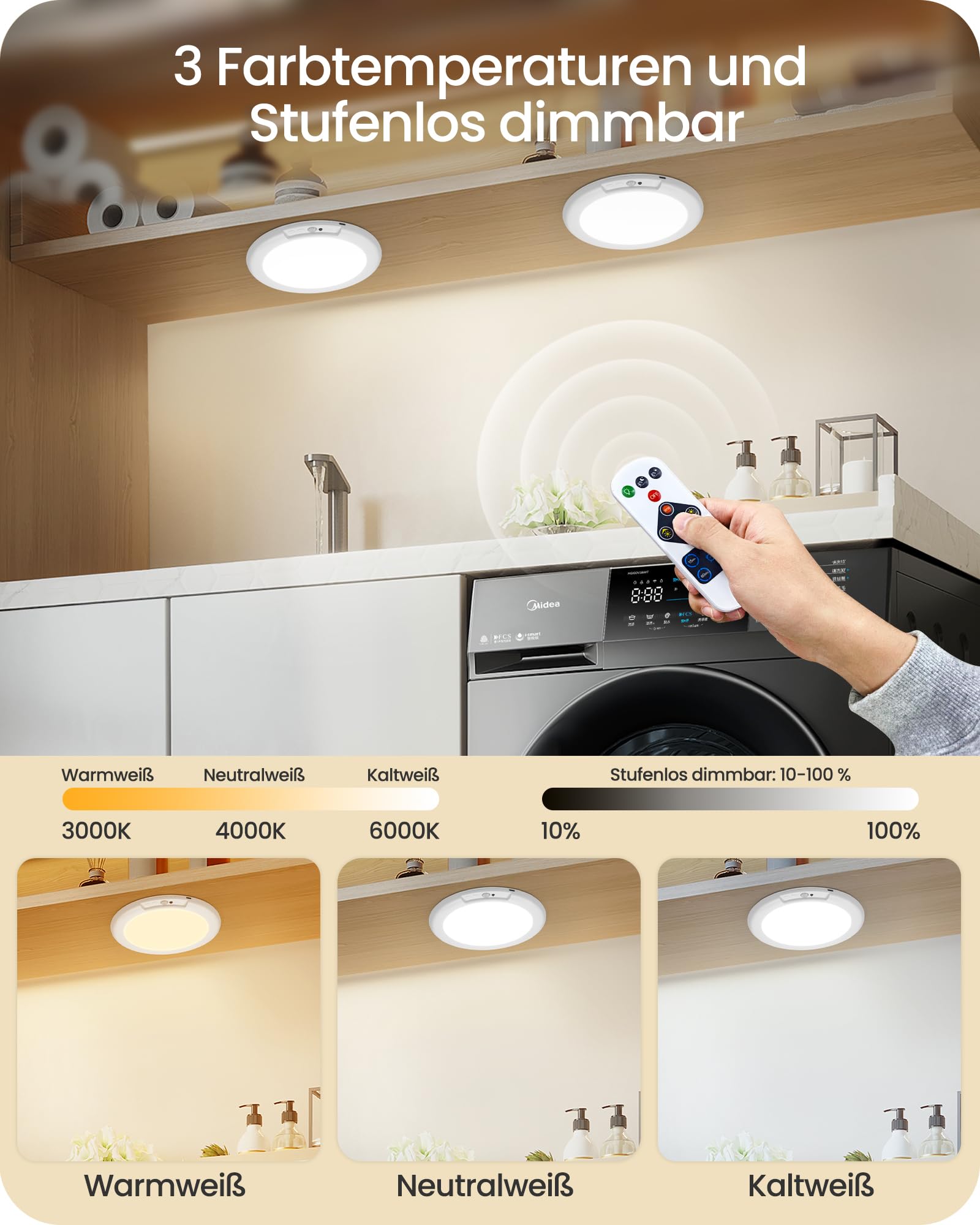 Aufladbare LED-Deckenleuchte mit Bewegungsmelder, 4er-Set | LED-geeignet; Augenschonend; nachttischlampe holz, nachttischlampe grün; Schlafzimmer, Wohnzimmer; Augenschonend