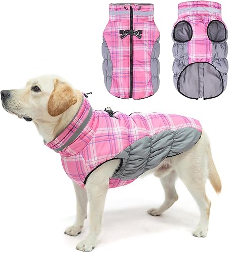 BEAUTYZOO Abrigo de invierno a cuadros para perro, chaqueta reflectante mejorada para perro, forro polar acolchado con arnés integrado, ropa