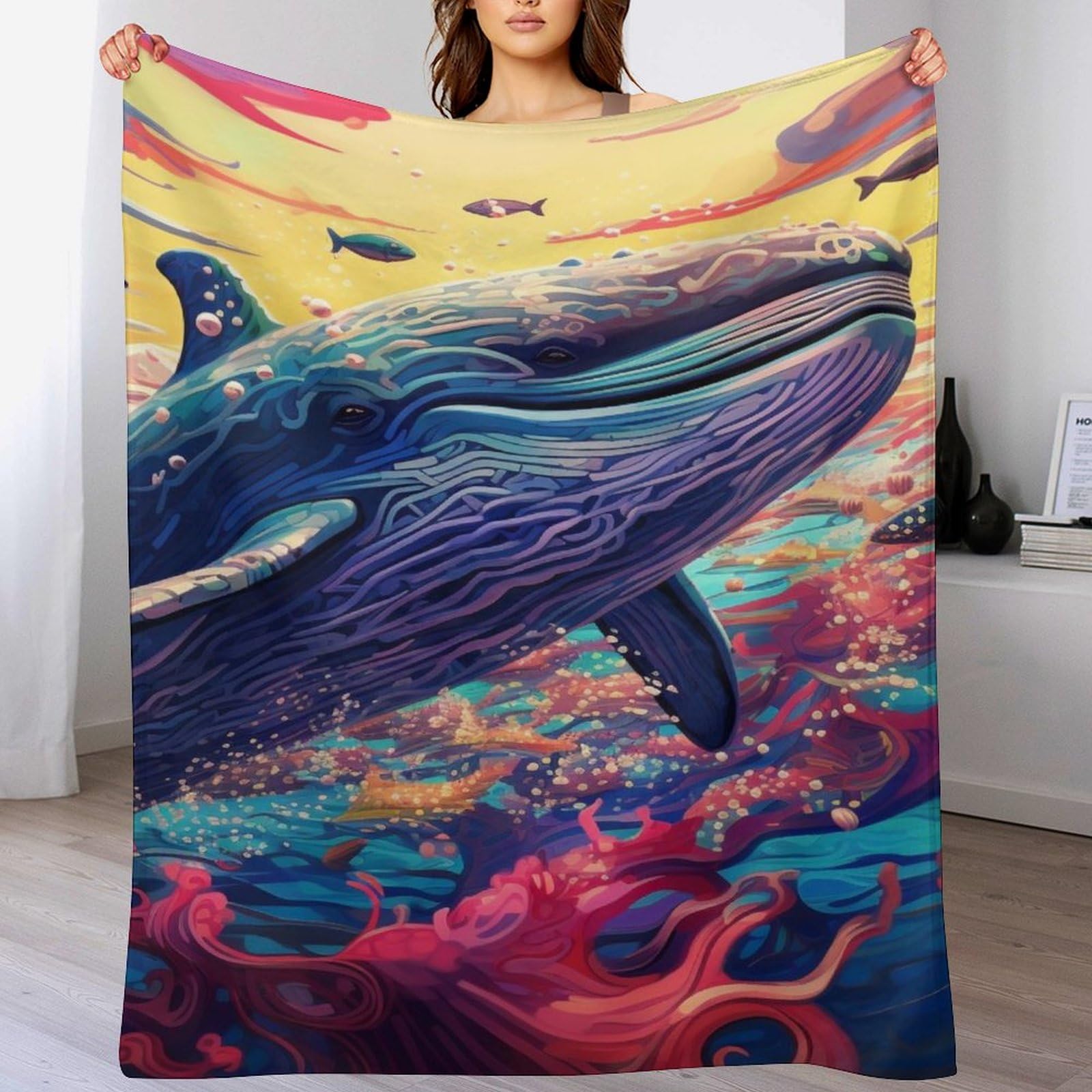Couverture moelleuse en flannel imprimé baleine pour vos soirées canapé