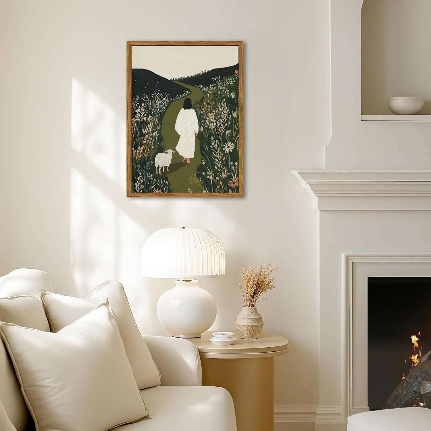 Framed Jesus Leaves the 99 Sheep Wall Art, Christian Pictures Wall Decor, Jesus and The Lost Lamb Paintings Canvas Prints Religious Home Decor for Living Room Bedroom Church Prayer Room 16x24 inch