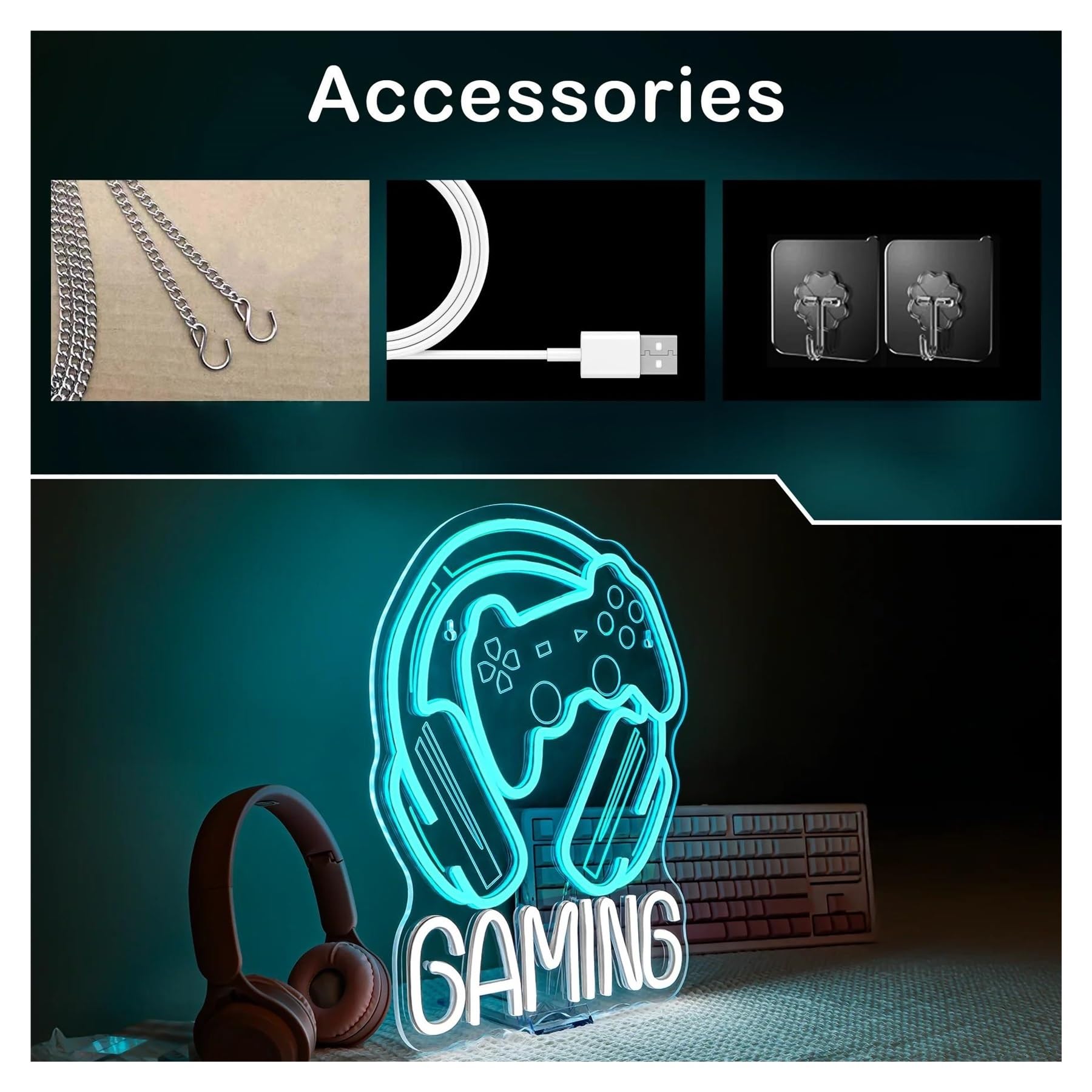 Décor Mural Lumière Enseigne Néon Gaming À LED, Intensité Variable, Pour Salle De Jeux, Salle Vidéo, Chambre De Garçon, Décoration Murale, 42.55cmx36.8cm