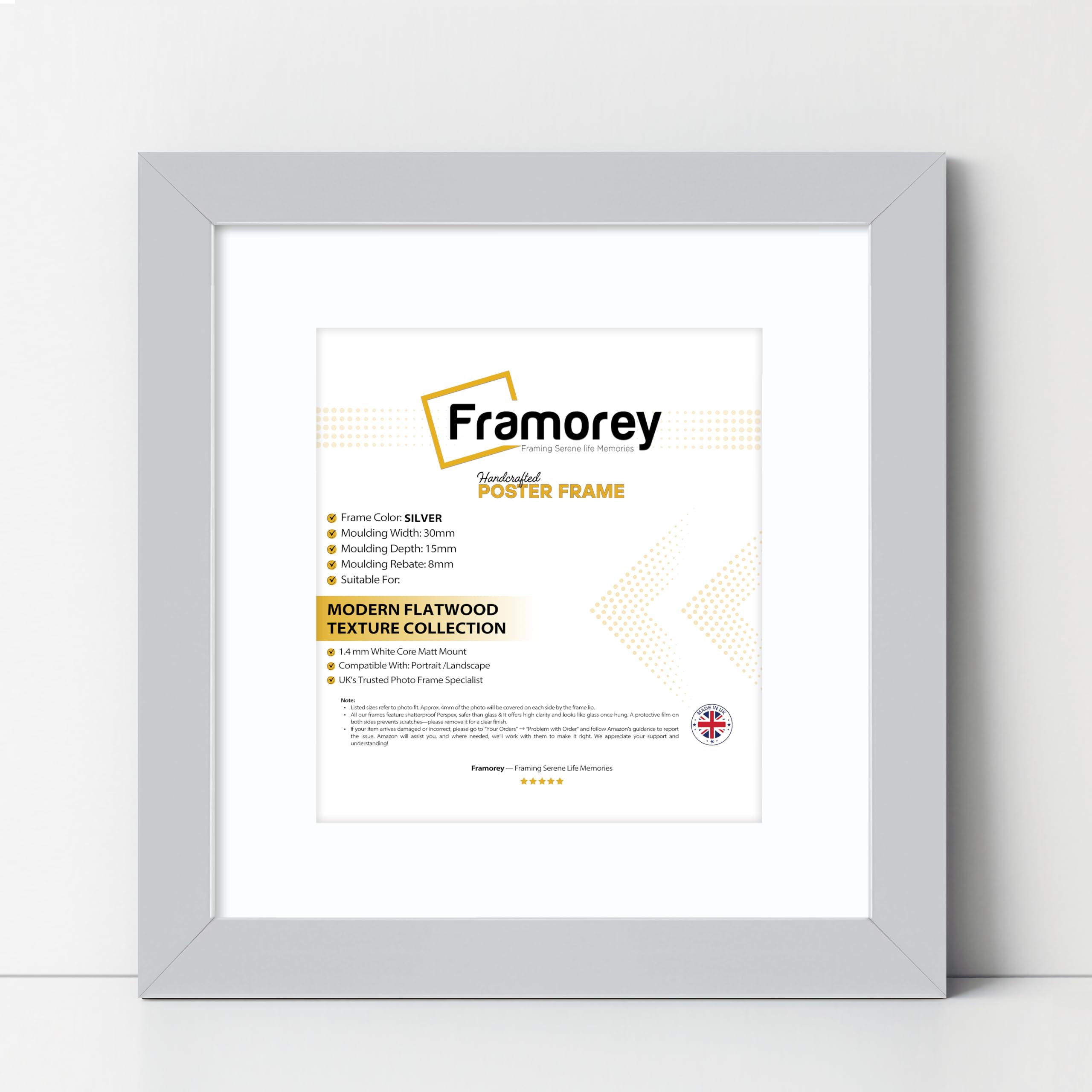 Framorey Framing Serene Life Memories Silver With White Mount Framorey Square Oxford Flat Wooden Effect Picture Frame, 8X8" Size Silver Photo Frame With 6X6" Size White Mount, Photo Print Frame, Best Photo Frames For Birthday Gift