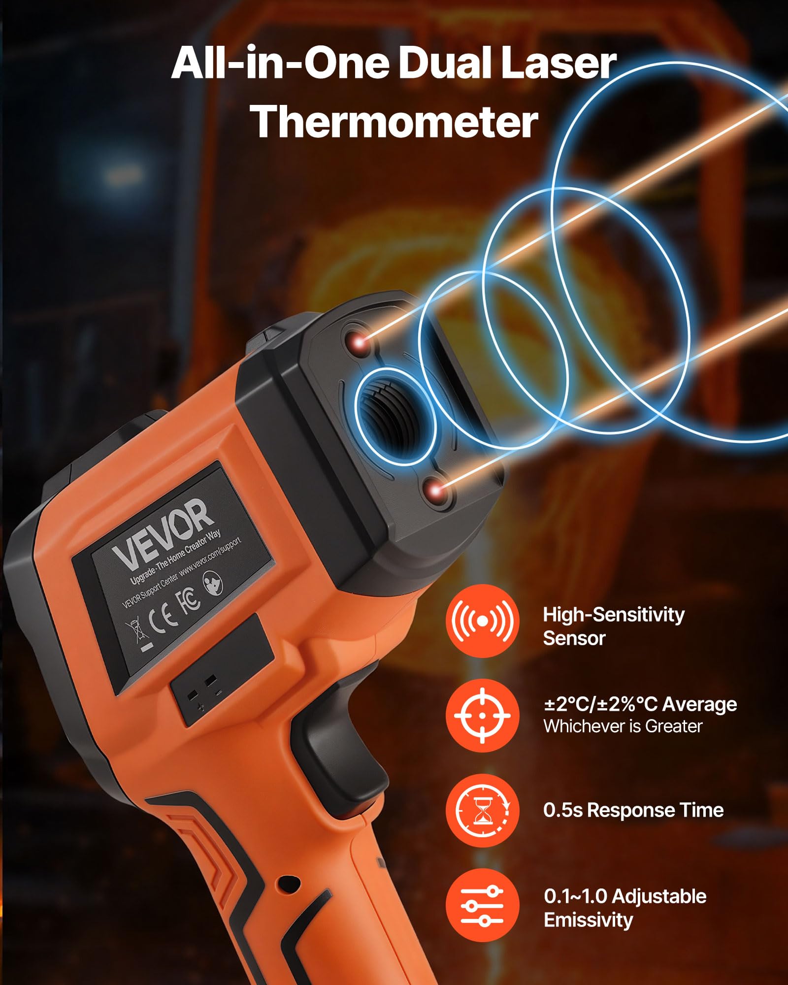 VEVOR Infrarot Thermometer -30℃ bis 1600℃, Digitales IR-Temperaturmessgerät mit LCD-Display Typ-K-Thermoelement & Dual-Laser, Berührungslose Temperaturpistole für Kochen Industrie (Nicht für Menschen)