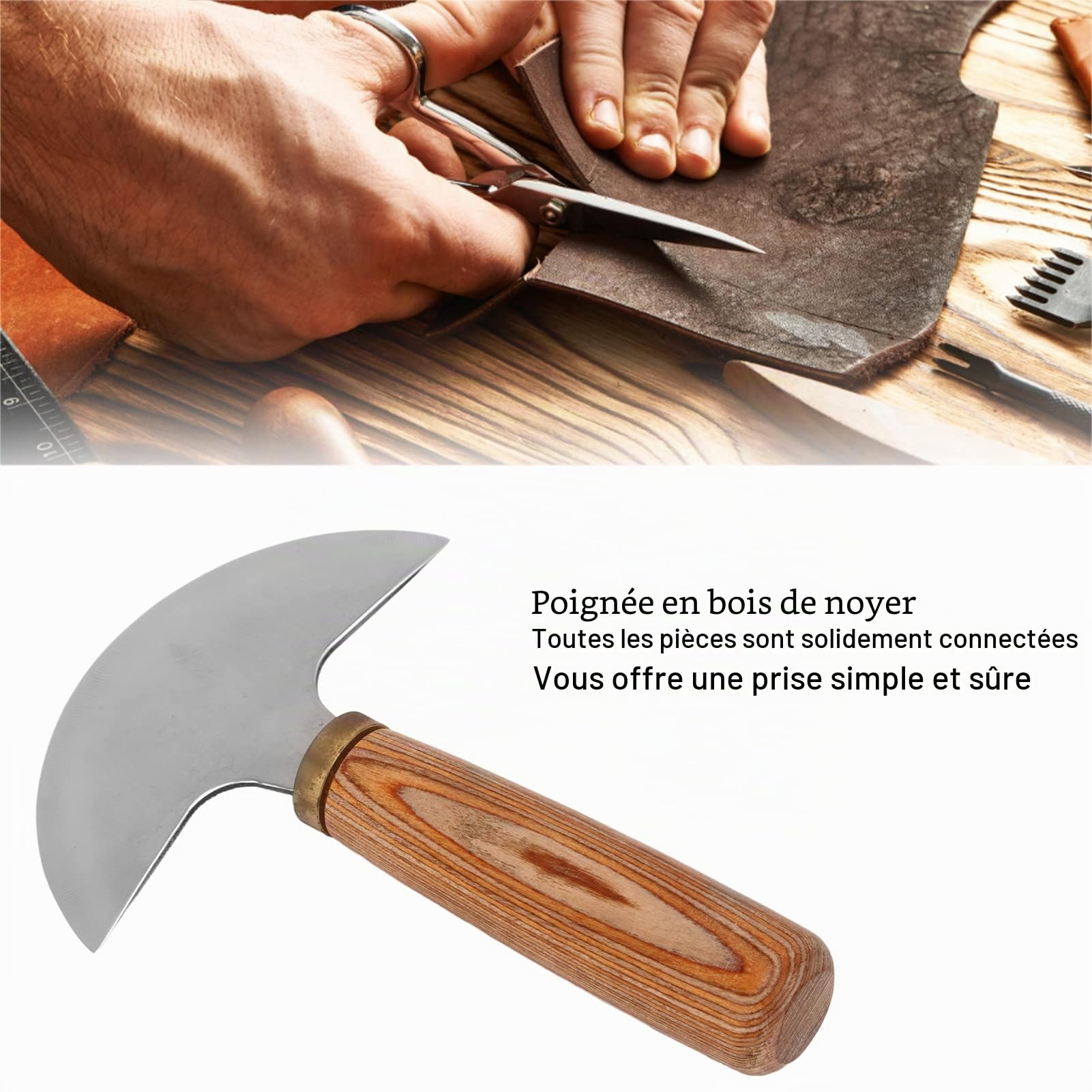 Couteau à Tête Ronde en Cuir, Couteau Rond en Cuir Demi-Lune en Acier à Haute Teneur en Carbone avec Manche en Bois de Noyer, Couteau Rond en Cuir pour Travaux Manuels en Cuir