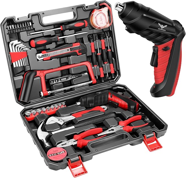 JENABOM 43 in 1 Household Tool Set with 3.6V Electric Screwdriver, Home Tool Kit with Cordless Drill Driver, Hand Tool Kits for Women&Men DIY Repair(Red)