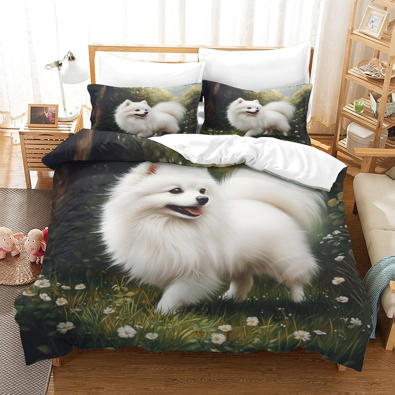 Yyvkpmlxc Style-5 3D Printed Pomeranian Puppy Dog Duvet Cover Set,Pastoral Pet Bedding Bed Sets Soft Microfiber Quilt Covers 3Pcs, Comforter Cover With Zipper Closure For Kids Teens Adults Bedding King（220X240cm）
