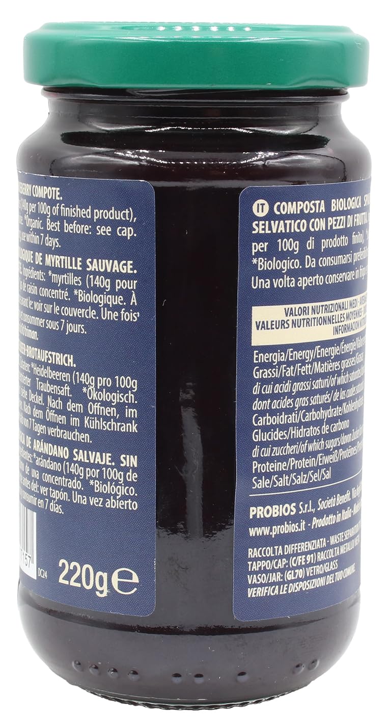 Probios Composta di Mirtilli Bio - Senza Glutine e Composta di Frutta Senza Zucchero - Dolcezza e Sapore Naturale senza Pectina Aggiunta - Confezione da 6 x 220 g