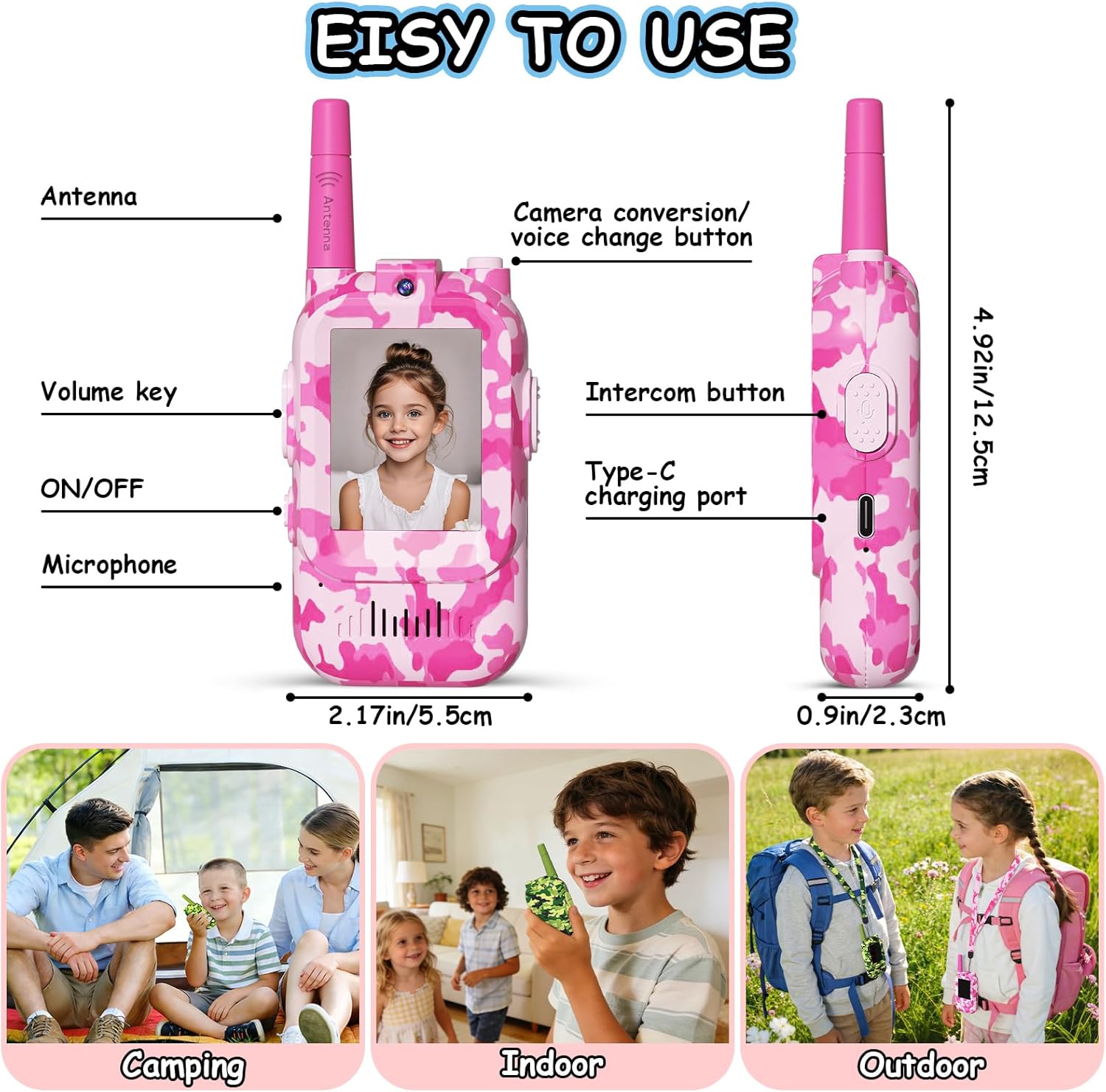 Kids Video Walkie Talkies 2 Pack, 2 Way Radio Long Range with Screen & 4 Voice Effects, 1000mAh Battery, Toys for 3-12 Year Old Boys Girls, Indoor Outdoor Camping Birthday Gifts Spring