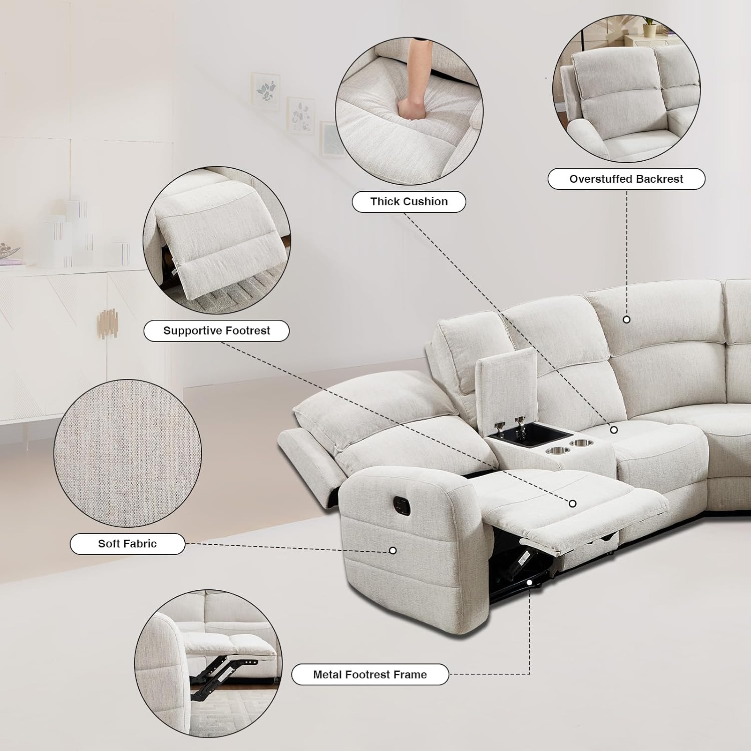 EBELLO Fabric L-Shaped Reclining Sectional Sofa Couch for Living Room, Manual Recliner Oversized Sofa, with Padded Headrest, 2 Cup Holders, Storage Space, 5-Seater Home Furniture Set, Beige