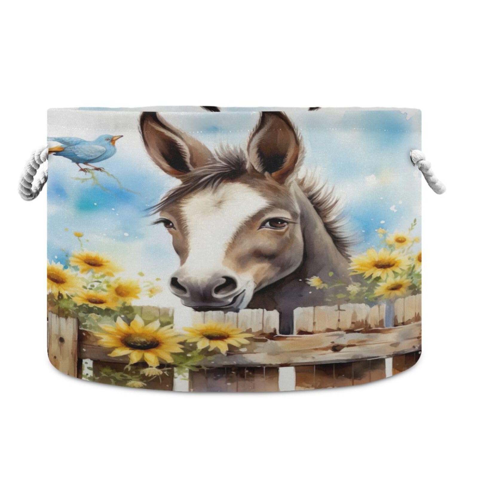 Round Cute Donkey Daisy Fence Storage Basket Large Organizer Bin Laundry Hamper Toy Storage Basket with Handle for Nursery Clothes Toys 202b5029