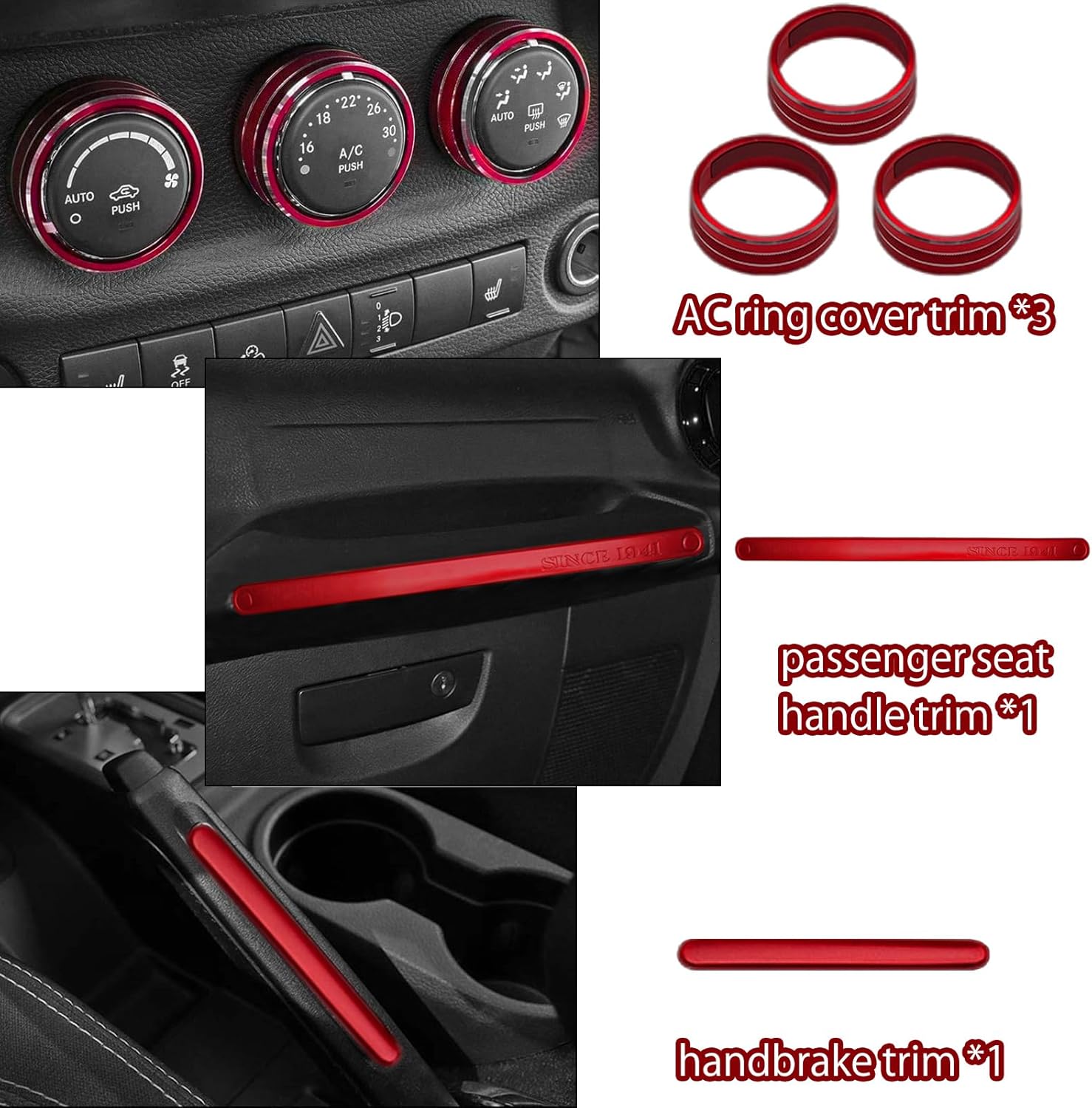 26PCS Full Set Interior Trim Kit Compatible With Jeep Wrangler JK JKU 2011-2018 2&4-door Inner Center Console Trim, Door Handle, Cup Holder Cover (Red Decoration Kit) Christmas Car Decorations