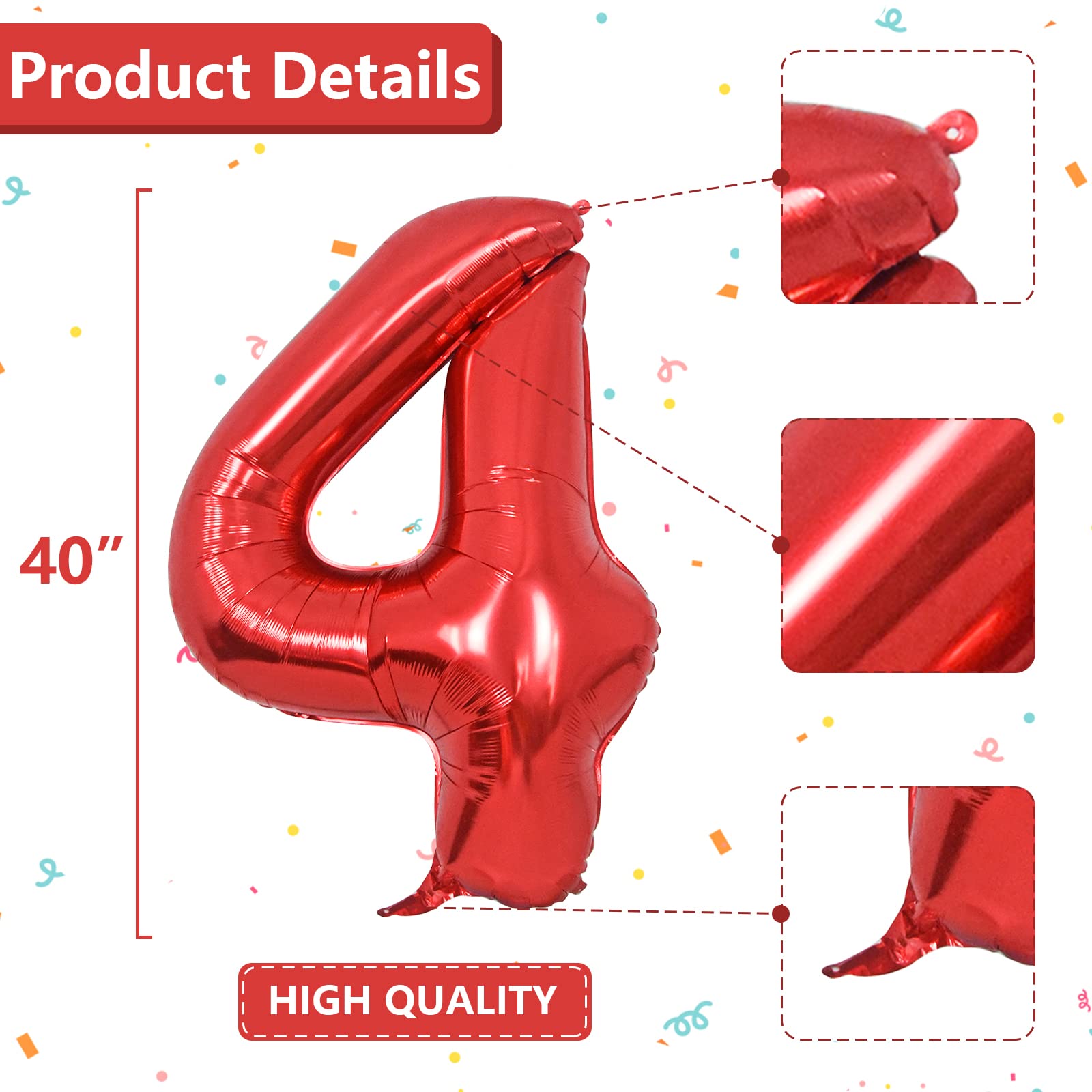 Palloncini Compleanno 4 Anni Rosso Palloncino XXL Di 100 Cm Foil Gigante Numero 4 Numeri Gonfiabili Bambino Ragazzo Compleanno Anniversario Decorazione Feste (Rosso)