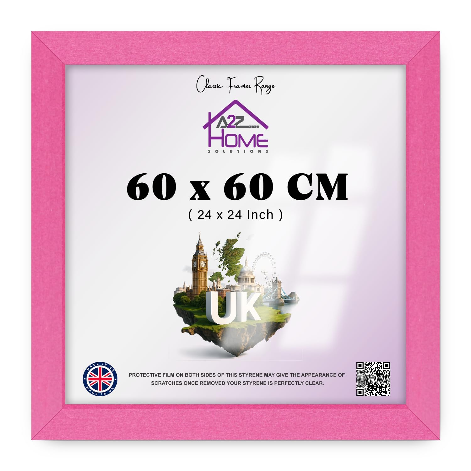 A2Z Home Solutions® Photo Poster Display Wall Hanging Pink Frame 60 x 60 cm For Print Picture With Clear Perspex 30x15mm Moulding Mounting Hooks MDF backboard