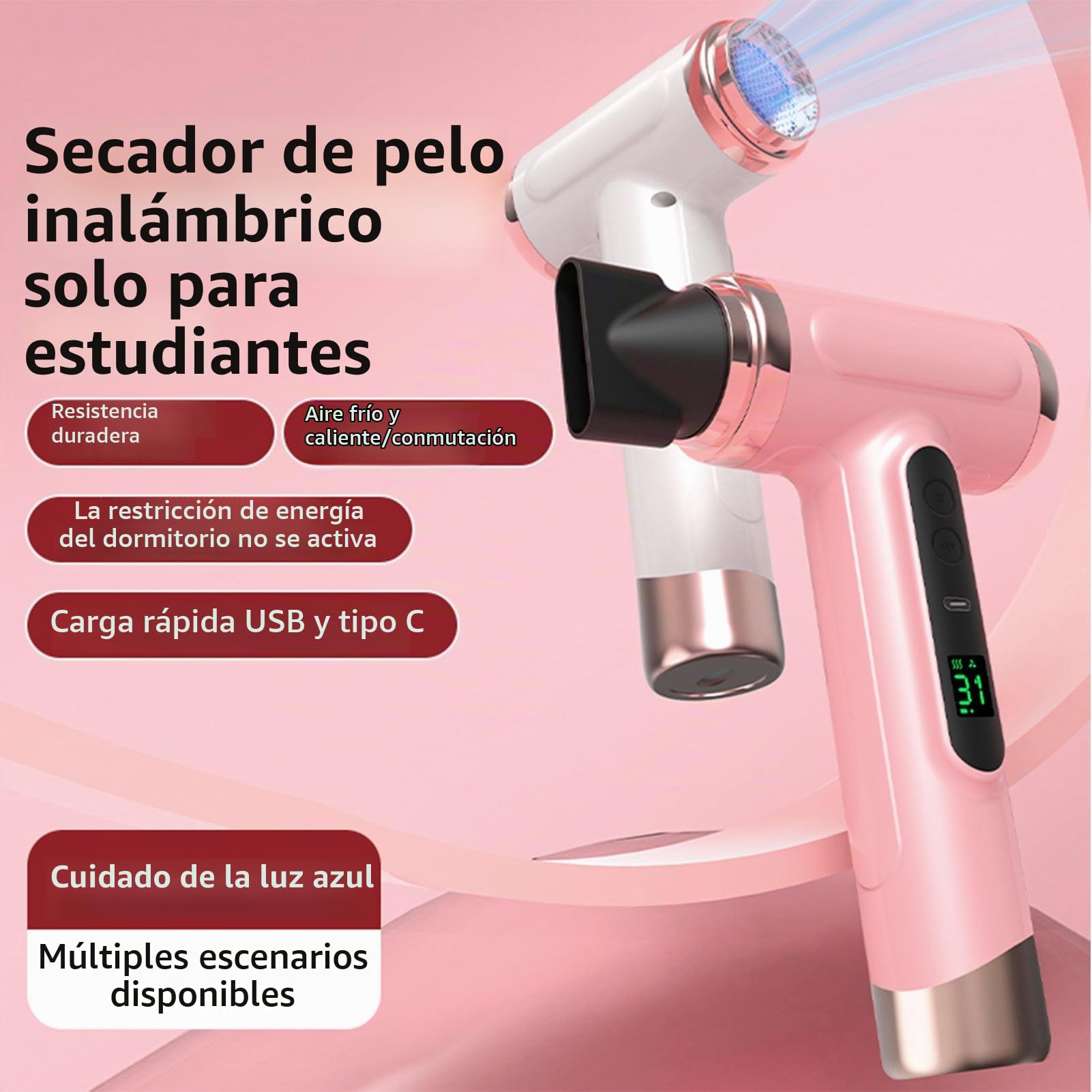 Secador de pelo inalámbrico, secador de pelo de viaje de 200 W, secador de pelo, batería de 15000 mAh recargable por USB, cuidado del cabello a temperatura constante para estudiantes dormitorio