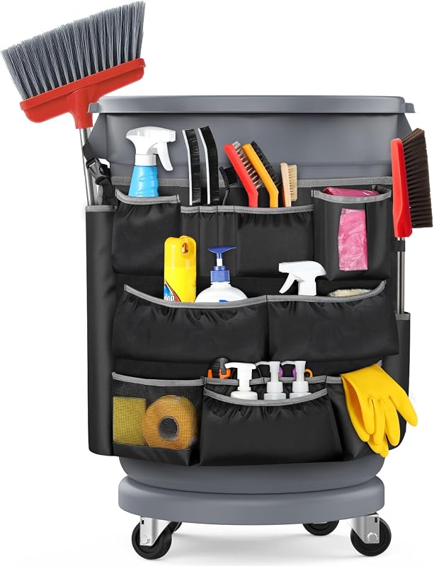 Bolsa de suministros de limpieza Caddy para bote de basura mejorada de 3 niveles | Gran capacidad, se adapta a cubos de basura de 32-55 galones, organizador de almacenamiento de herramientas de limpieza con 15 bolsillos para limpieza y limpieza