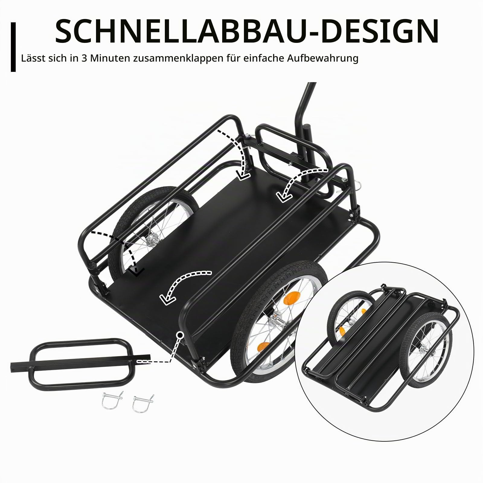 LEADZM Klappbar Fahrradanhänger, Lastenanhänger mit Universeller Kupplung, Transportanhänger mit 16-Zoll-Luftreifen, Sicheren Reflektoren, 60 kg, 155 x 67 x 78cm