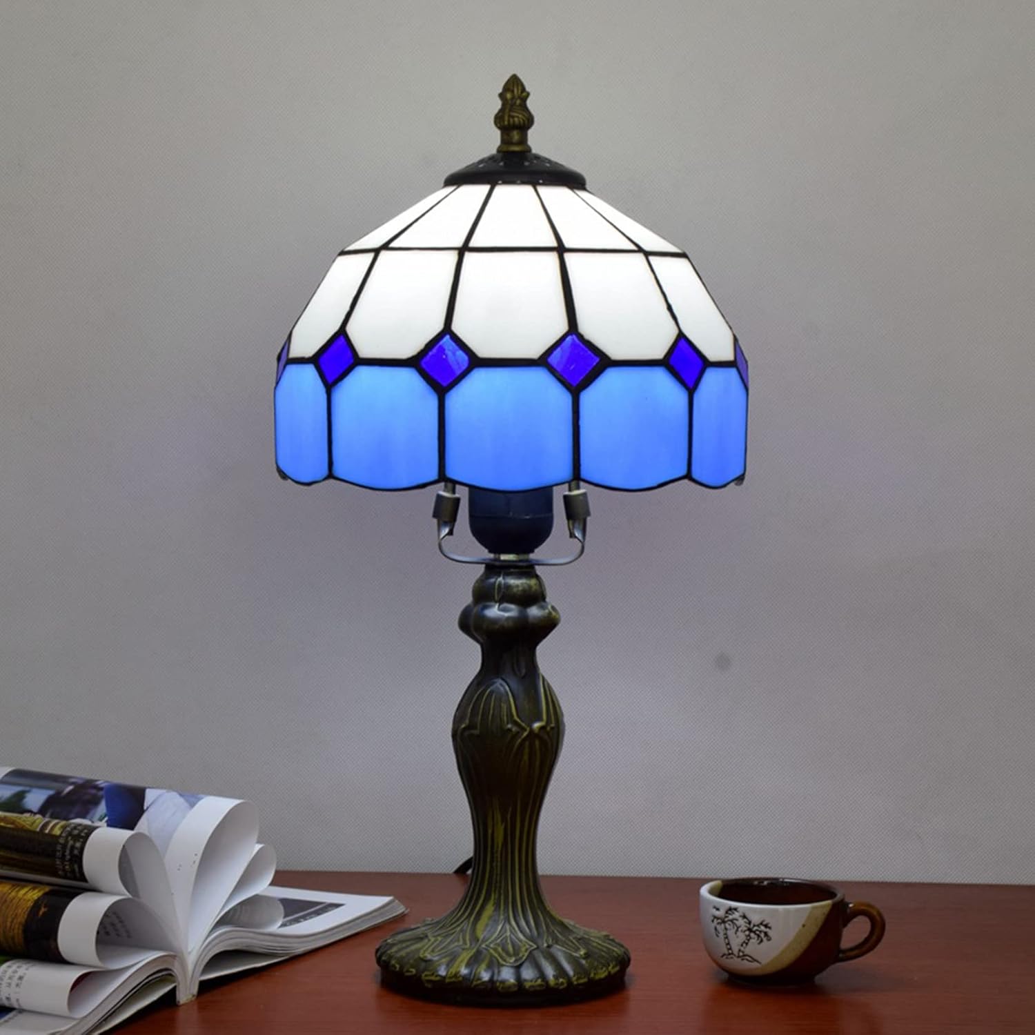 Tiffany Lamp,Stained Glass Lamp,Nightstand Lamp, Mini Bedroom Lamp,Small Desk Light,Study Lamp,Cute Reading Lamp,Table Lamp,Living Room Lamp,Decorative Lamp,Hotel Lamp,W8xh14inch,Blue