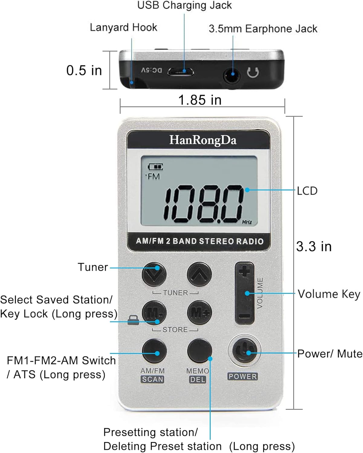 Diagram of HanRongDa HRD-103 radio with labels for LCD, Tuner buttons, Volume keys, Power/Mute button, AM/FM Scan button, Memo/Del button, USB Charging Jack, Lanyard Hook, and 3.5mm Earphone Jack.