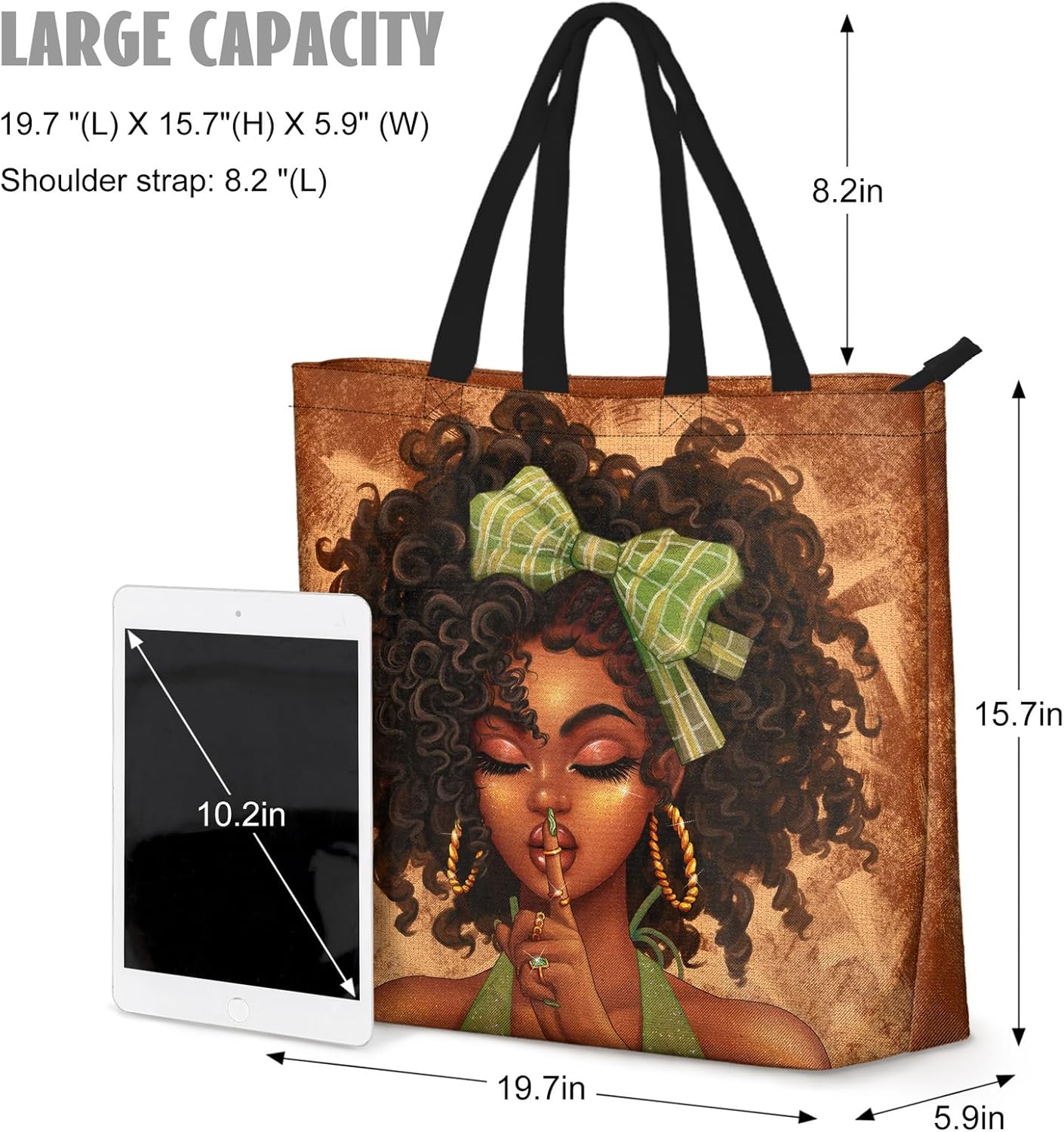 African American Women Tote Bag Black Shoulder Handbag For Women Fit Work Beach Labtops With Zip - Image 4