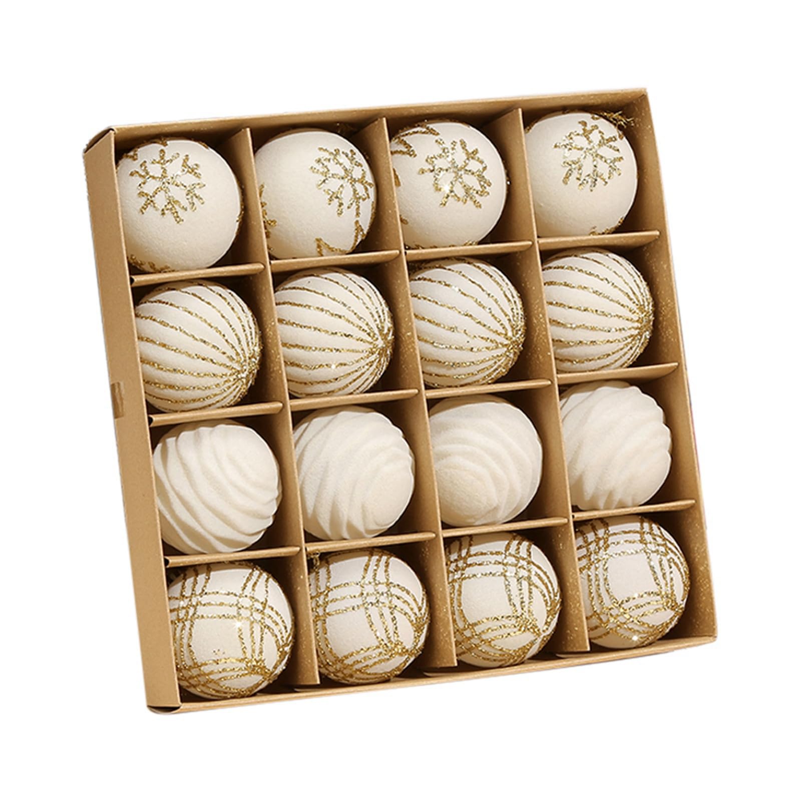 16Pcs Velvet Christmas Baubles 60mm / 2.36 Inches, Elegant Beige & Gold Shatterproof Plastic Christmas Tree Decorations, Flocked Hanging Ball Ornaments for Holiday Party Home Decor