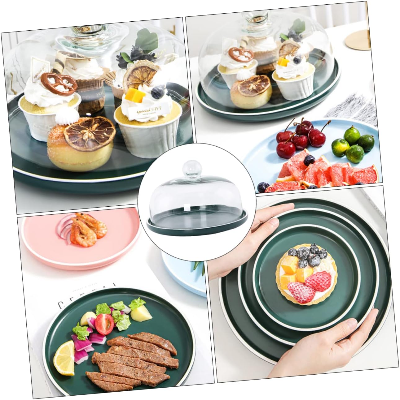 Nordic Elegant Matte Ceramic Dessert Plate Set with Gold Trim Round Cake Plate with Glass Lid for Fruits Sweets and Appetizers for Parties and Gatherings