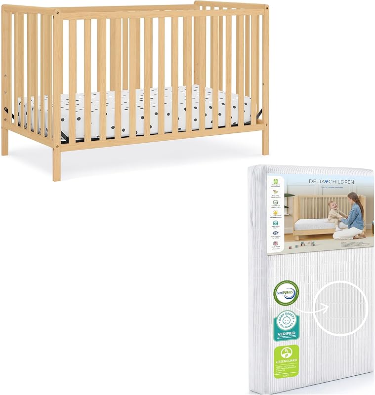 Cuna y colchón convertibles 4 en 1 Heartland Delta Children, natural | Juego de muebles para guardería de 2 piezas que incluye cuna convertible 4 en 1 + colchón de cuna impermeable, certificación GREENGUARD Gold
