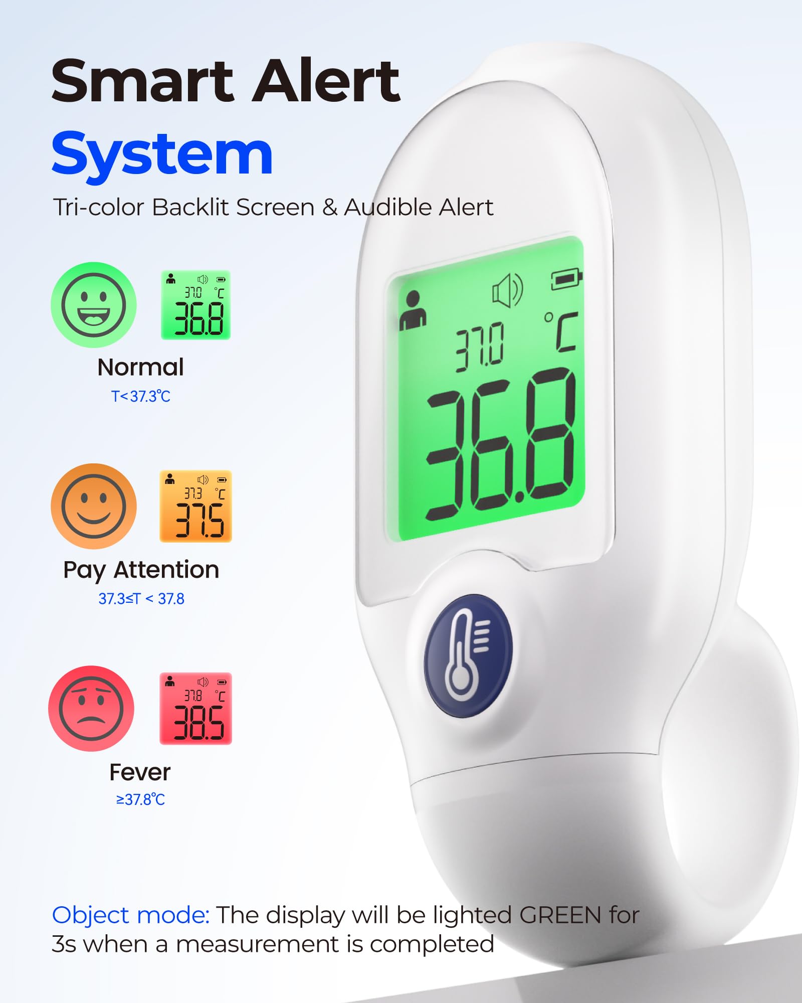 Thermomètre Frontal Bébé, Sans Contact, Ultra-Léger, Mesure Instantanée | Facile Utilisation, Écran Tricolore, Alerte Fièvre, Multifonction 3 en 1
