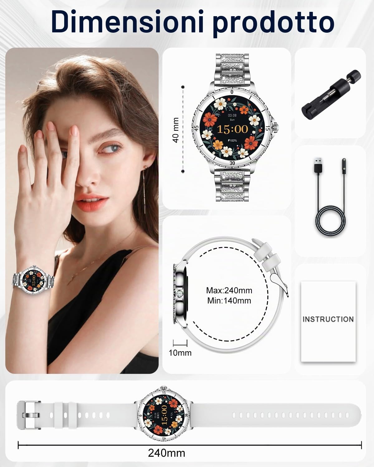 Smartwatch Donna Chiamate Bluetooth, 1.27" Orologio Smart Watch Rotondo con Cinturino di Diamante, Compatibile Android/iOS, IP68 Impermeabile Fitness Trackert con Cardiofrequenzimetro Sonno, Argento