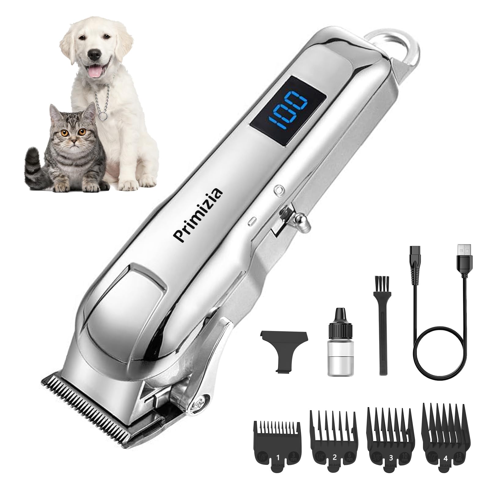Primizia Maquina de Cortar Pelo para Perros Profesional Inalámbrico,Recargable,Peluquería de Canina,Cortapelos para Perros para Pelo Largo y Grueso,Gris