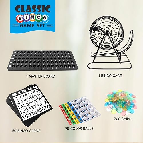 Miniatura 3 de GSE Games & Sports Expert Juego de bingo de lujo con jaula de acero, tablero maestro, 75 bolas, 300 fichas, 50 tarjetas de bingo para fiestas de