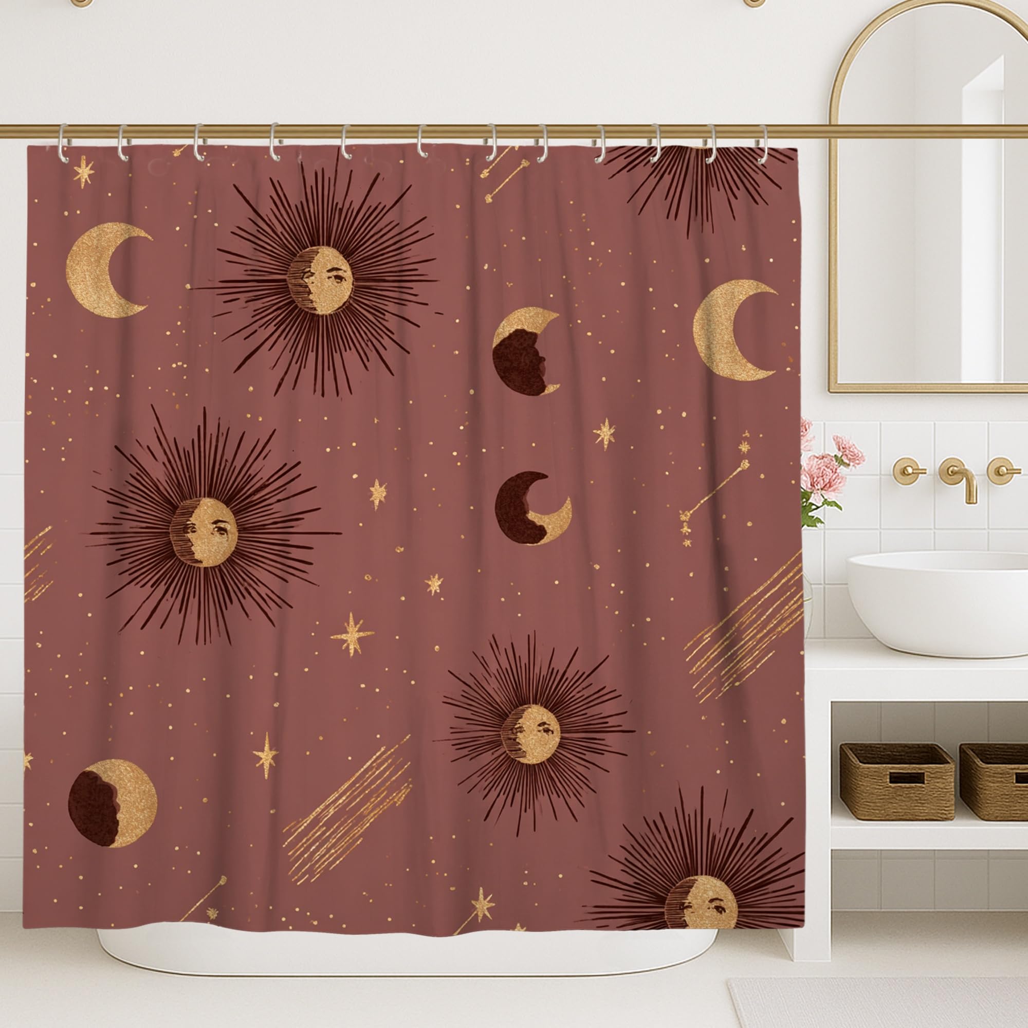 Rideau de douche céleste rouge rouille grand format pour salle de bain bohème