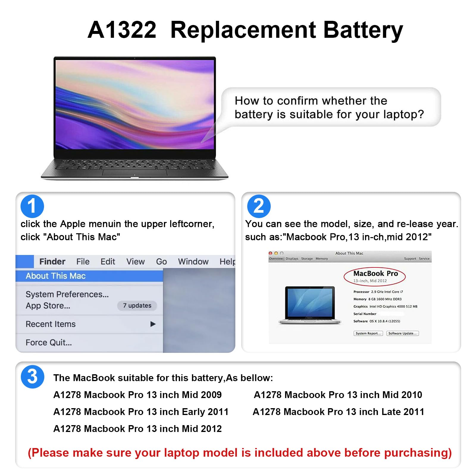 A1278 A1322 Batterie per PC portatili con grande capacità e alte prestazioni e lunga durata per MacBook Pro 13 Inch [2009 2010 2011 2012 Version] [10.95V 65.7Wh]